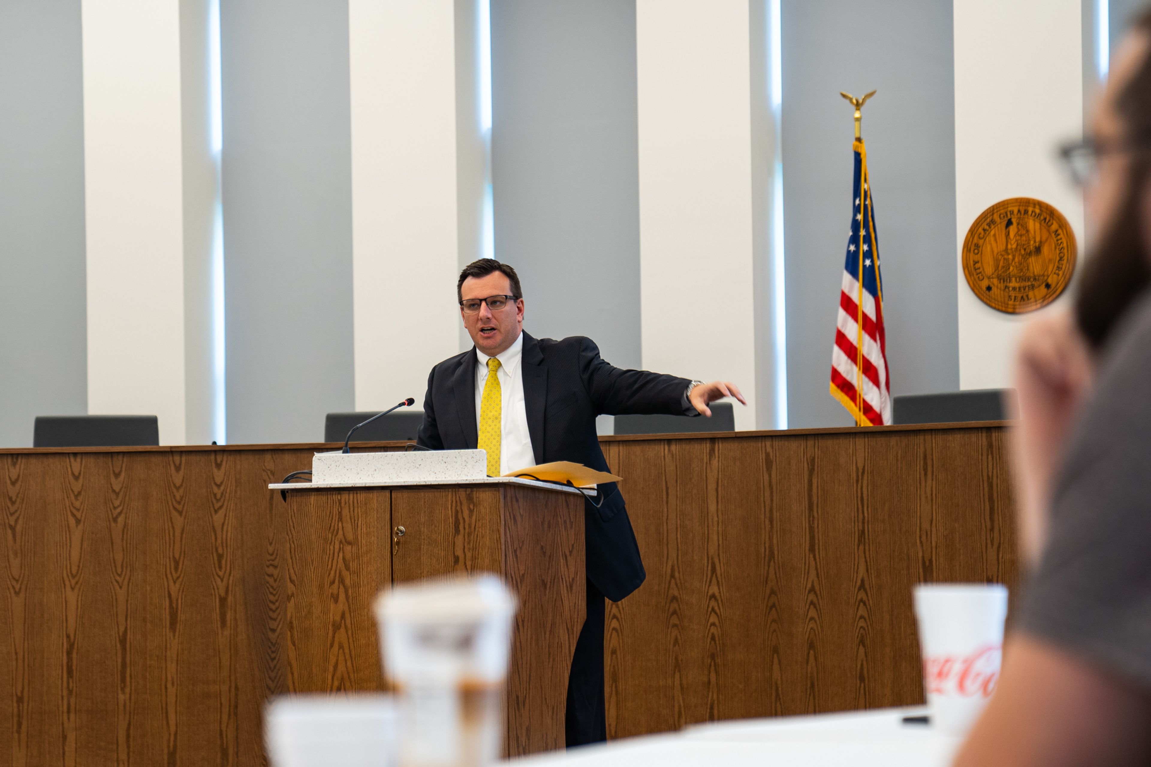 Cape Girardeau County Prosecuting Attorney Mark Welker speaks to the Gun Violence Task Force about challenges in the prosecution process Thursday, Aug. 22, at City Hall in Cape Girardeau.