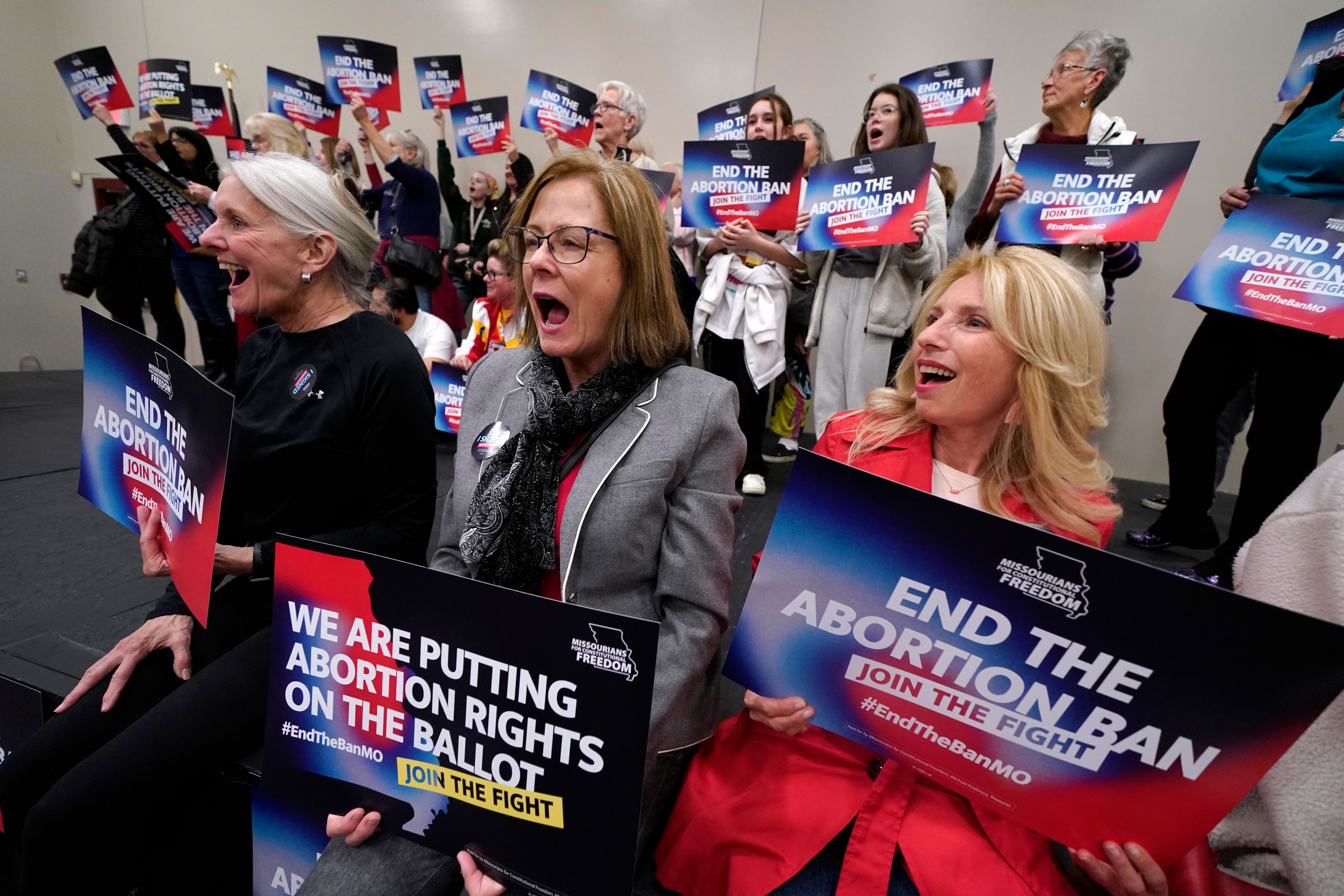 FILE - Missouri residents and pro-choice advocates react to a speaker during Missourians for Constitutionals Freedom kick-off petition drive, Feb. 6, 2024, in Kansas City, Mo. (AP Photo/Ed Zurga, File)