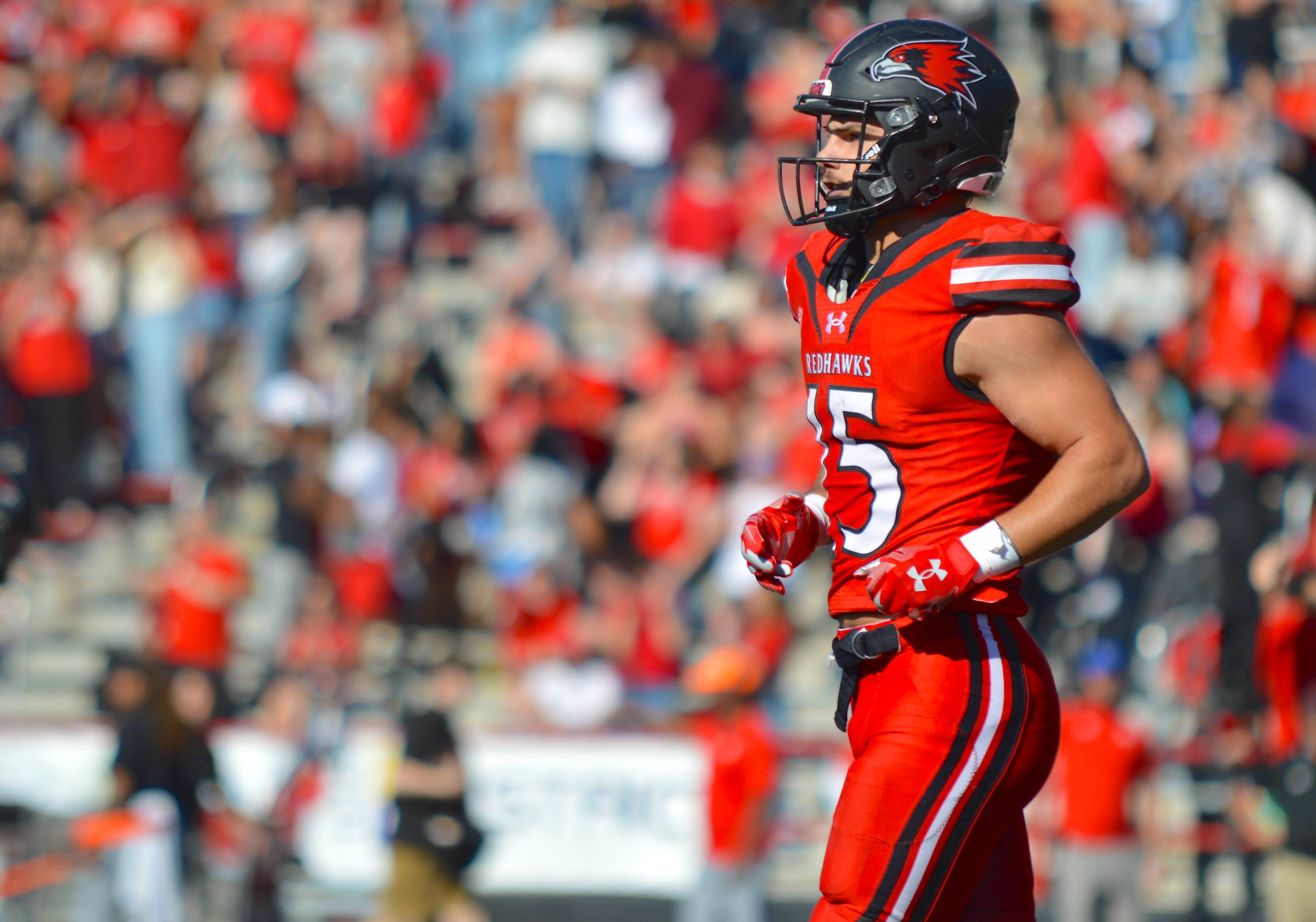 SEMO running back Cole Ruble jogs off the field following 65-yard rushing touchdown against Gardner-Webb on Saturday, Oct. 26.