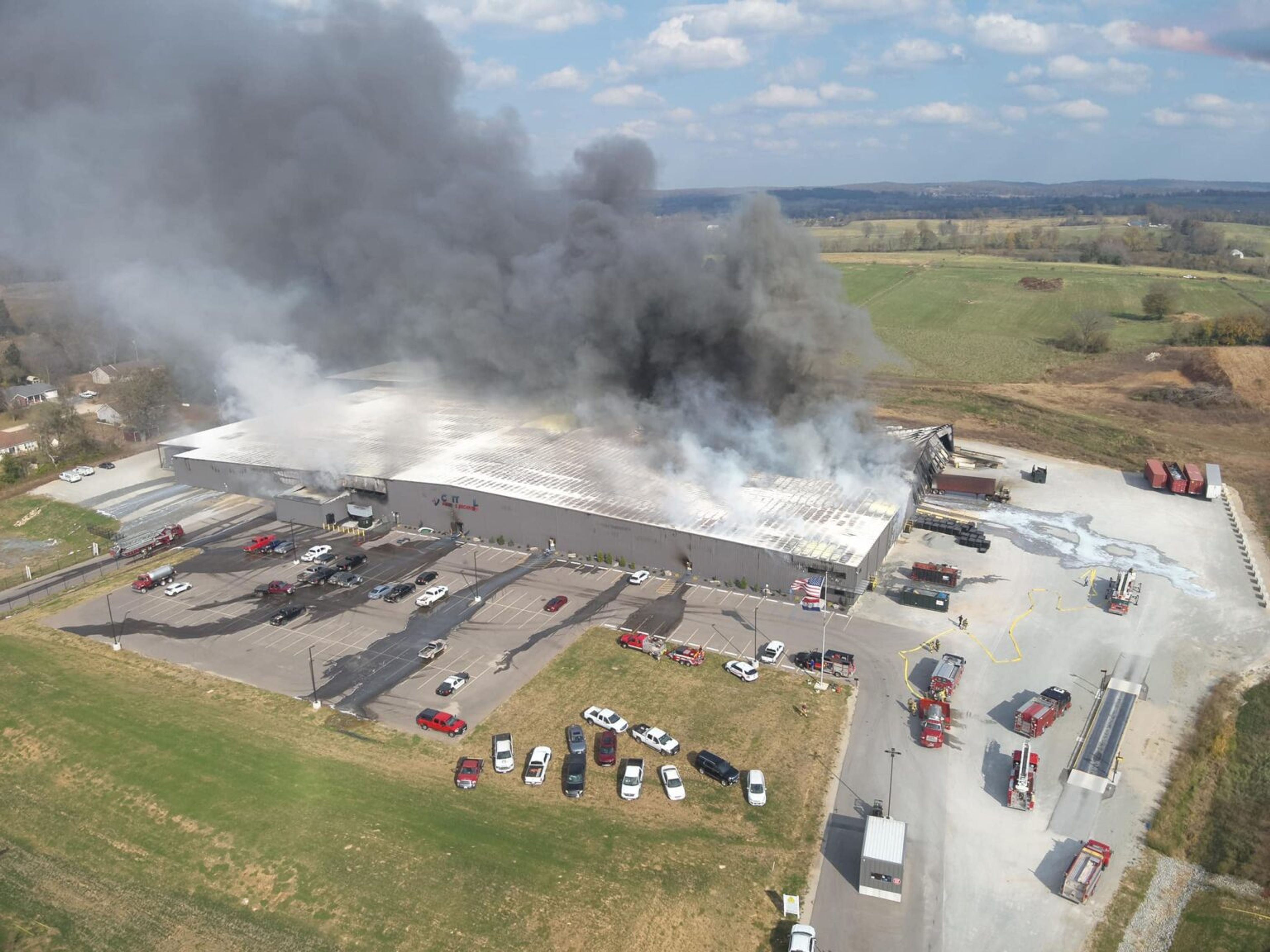 Smoke billows from the Critical Mineral Recovery’s lithium-ion battery recycling plant Wednesday, Oct. 30, near Fredericktown.