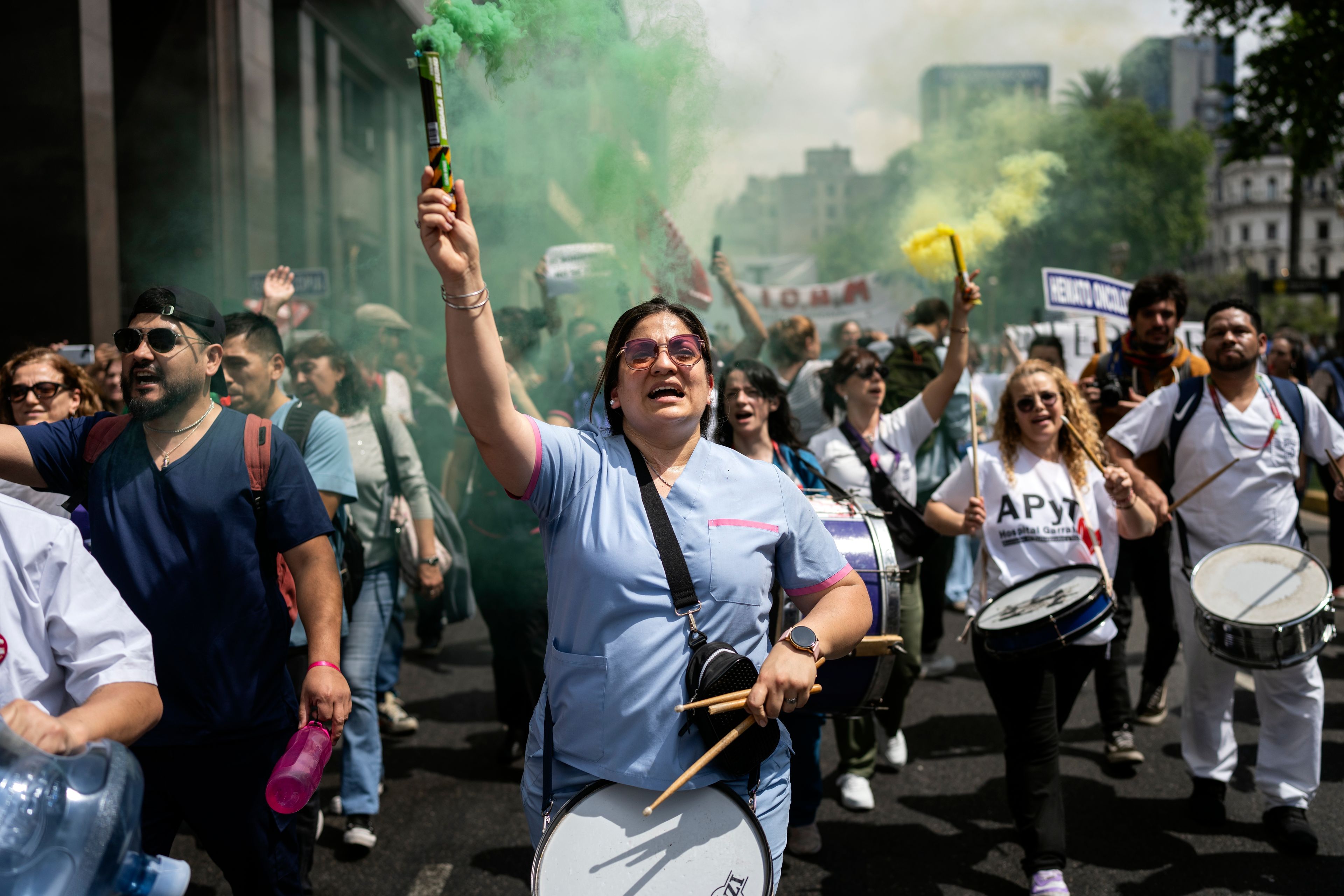 Public hospital workers protest for higher salaries next to Plaza de Mayo in Buenos Aires, Argentina, Tuesday, Oct. 8, 2024. (AP Photo/Rodrigo Abd)