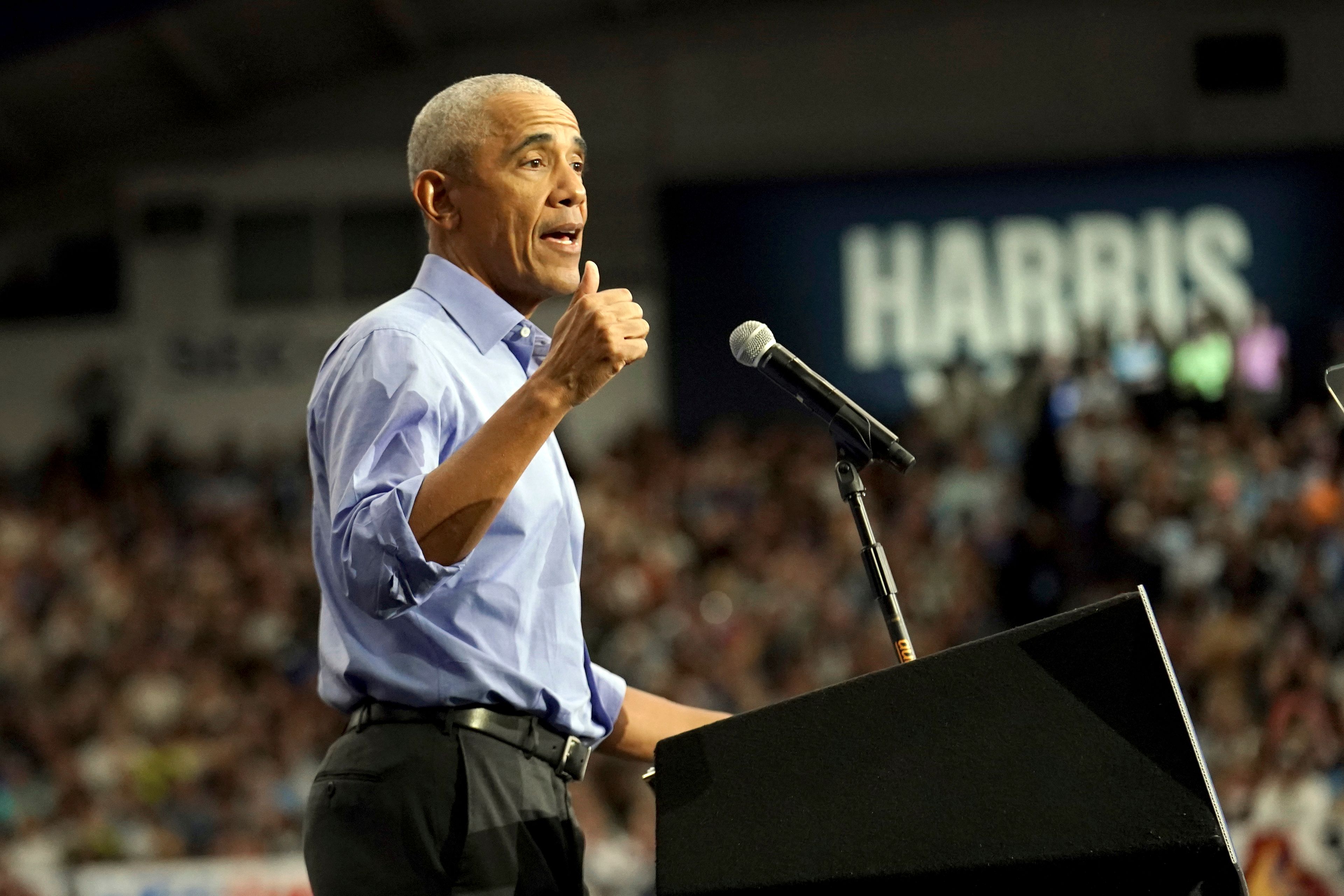 Former President Barack Obama speaks during a campaign rally supporting Democratic presidential nominee Vice President Kamala Harris, Thursday, Oct. 10, 2024, at the University of Pittsburgh's Fitzgerald Field House in Pittsburgh. (AP Photo/Matt Freed)