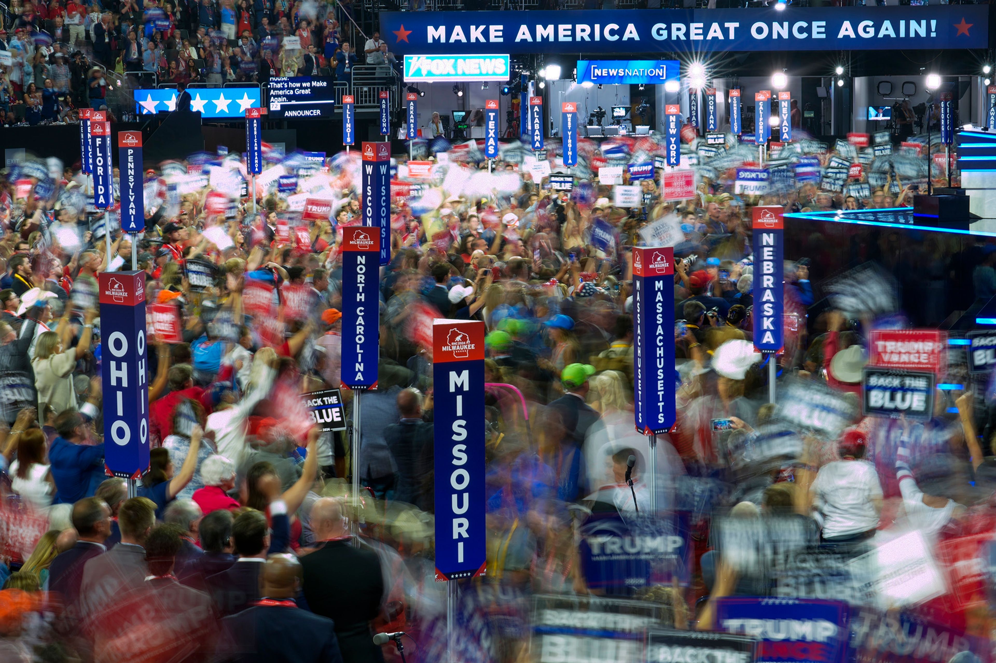 The floor of the Fiserv Forum is seen with a slow shutter speed during the Republican National Convention Tuesday, July 16, 2024, in Milwaukee.