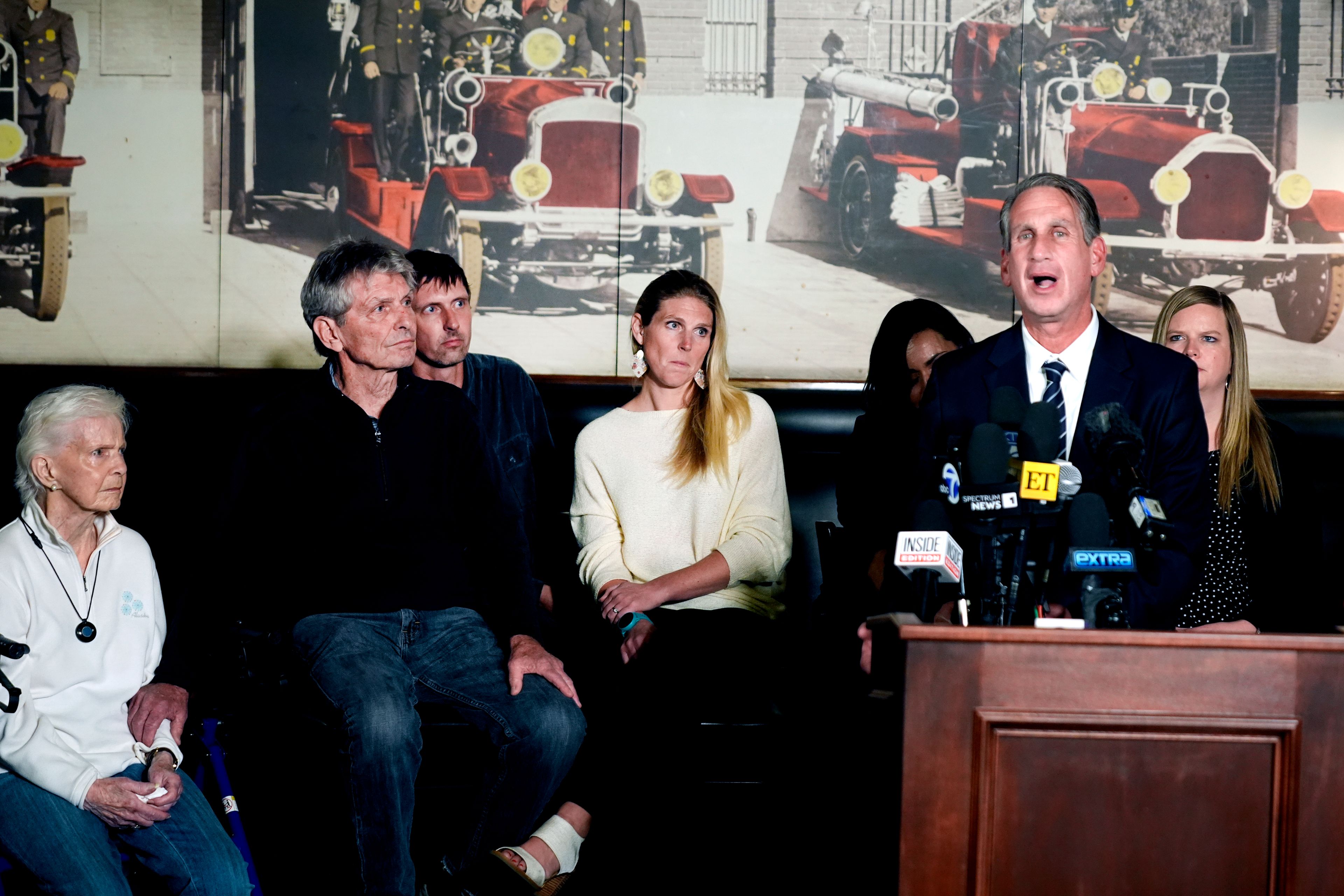 Menendez family attorney Bryan Freedman surrounded by family members as he talks during a news conference on Thursday, Oct. 24, 2024, in Los Angeles. (AP Photo/Damian Dovarganes)