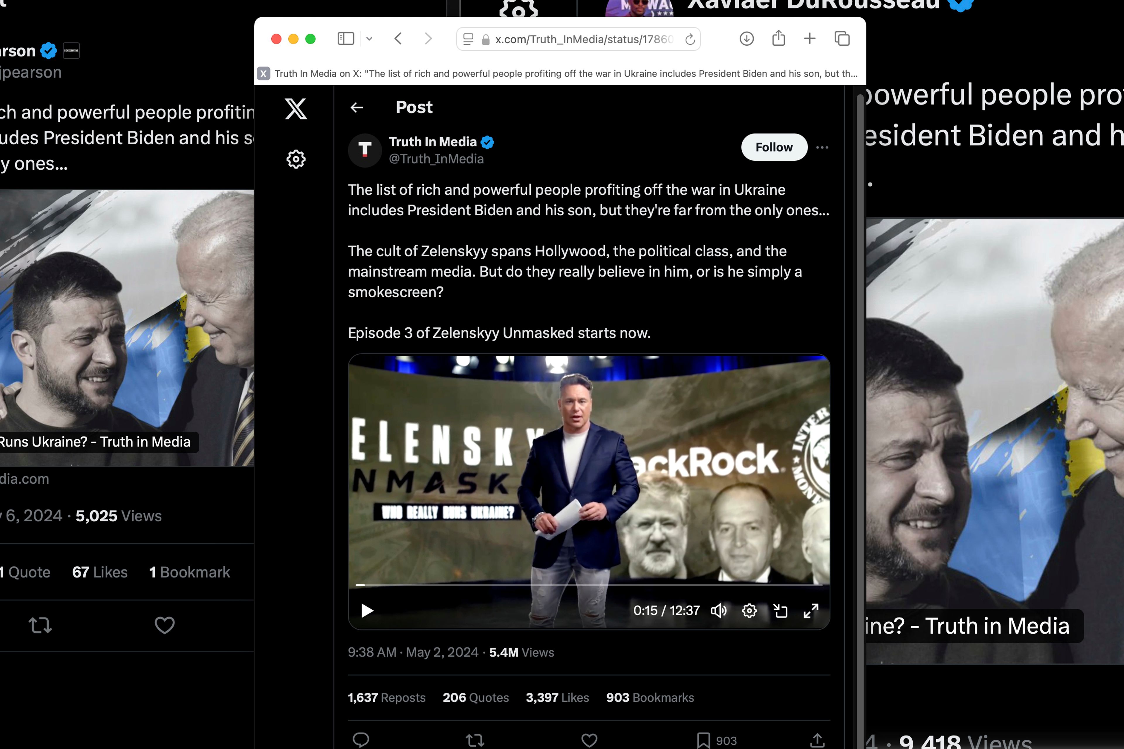 This image shows several webpages of posts on X from May 2-6, 2024, promoting the Ben Swann video series "Zelensky Unmasked." (AP Photo)