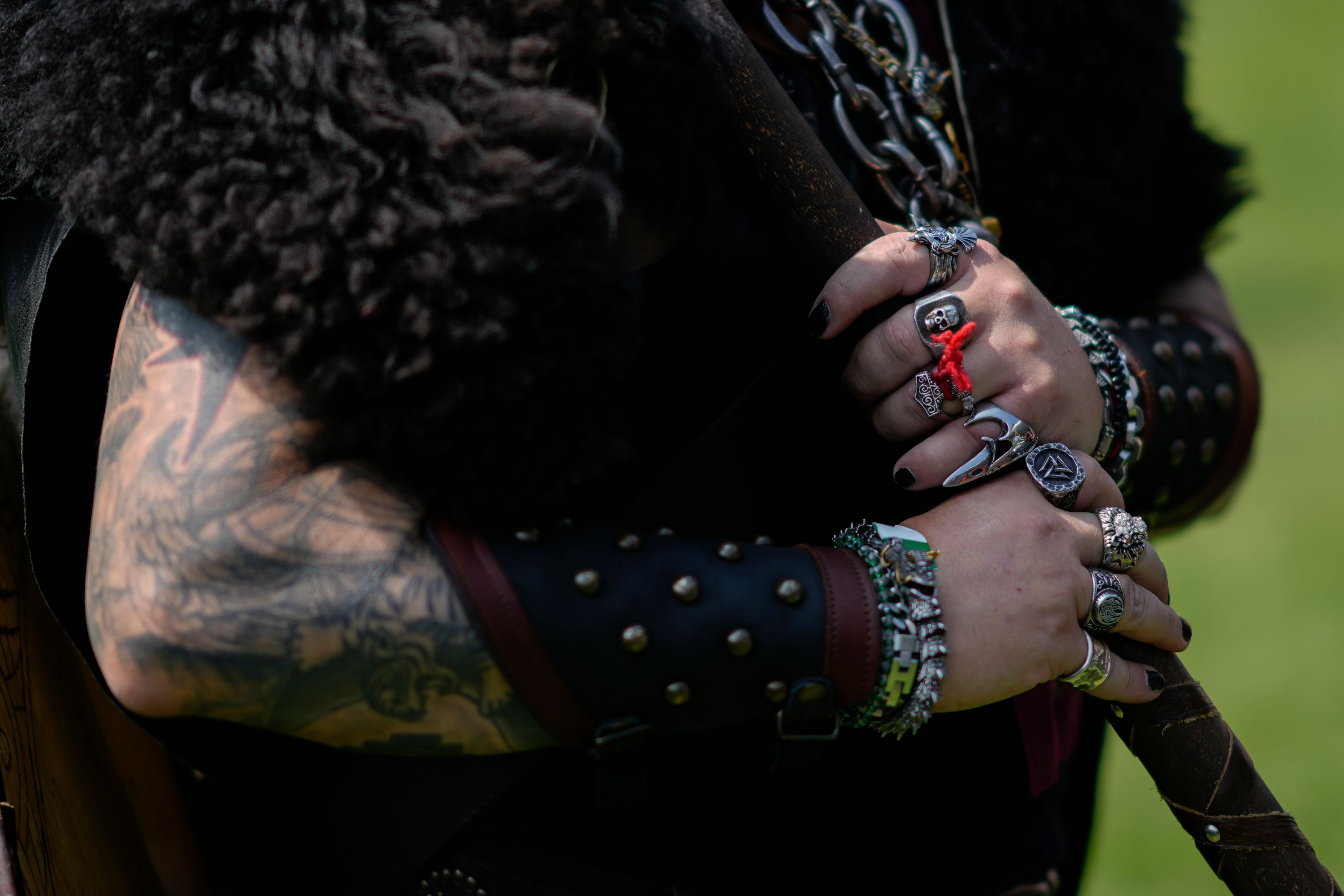 A man attends the Viking Fest at La Marquesa National Park on the outskirts of Mexico City, Oct. 12, 2024. (AP Photo/Eduardo Verdugo)