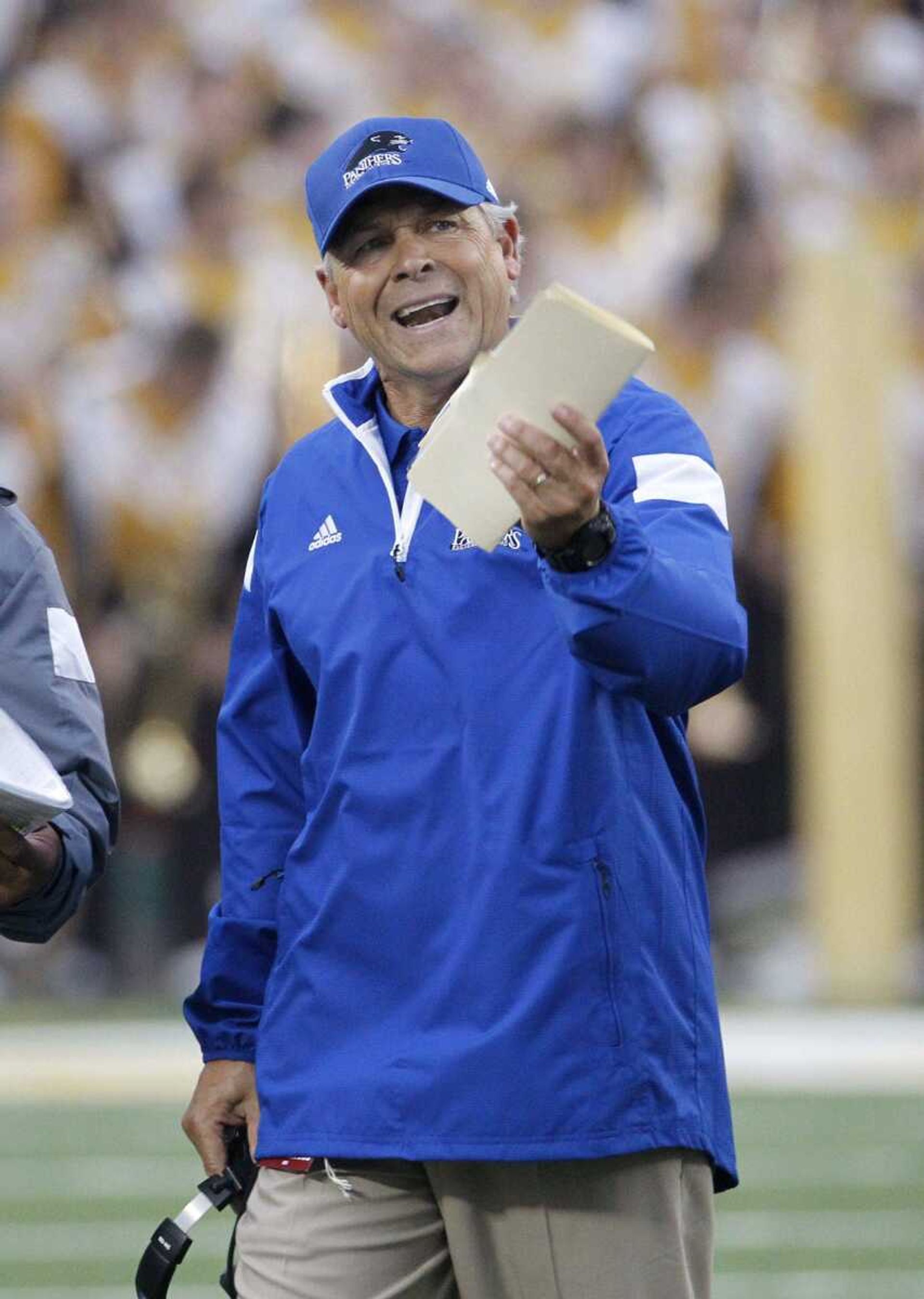 Eastern Illinois head coach Kim Dameron makes a point during the second quarter of an NCAA college football game against Minnesota in Minneapolis Thursday, Aug. 28, 2014. Minnesota won 42-20. (AP Photo/Ann Heisenfelt)