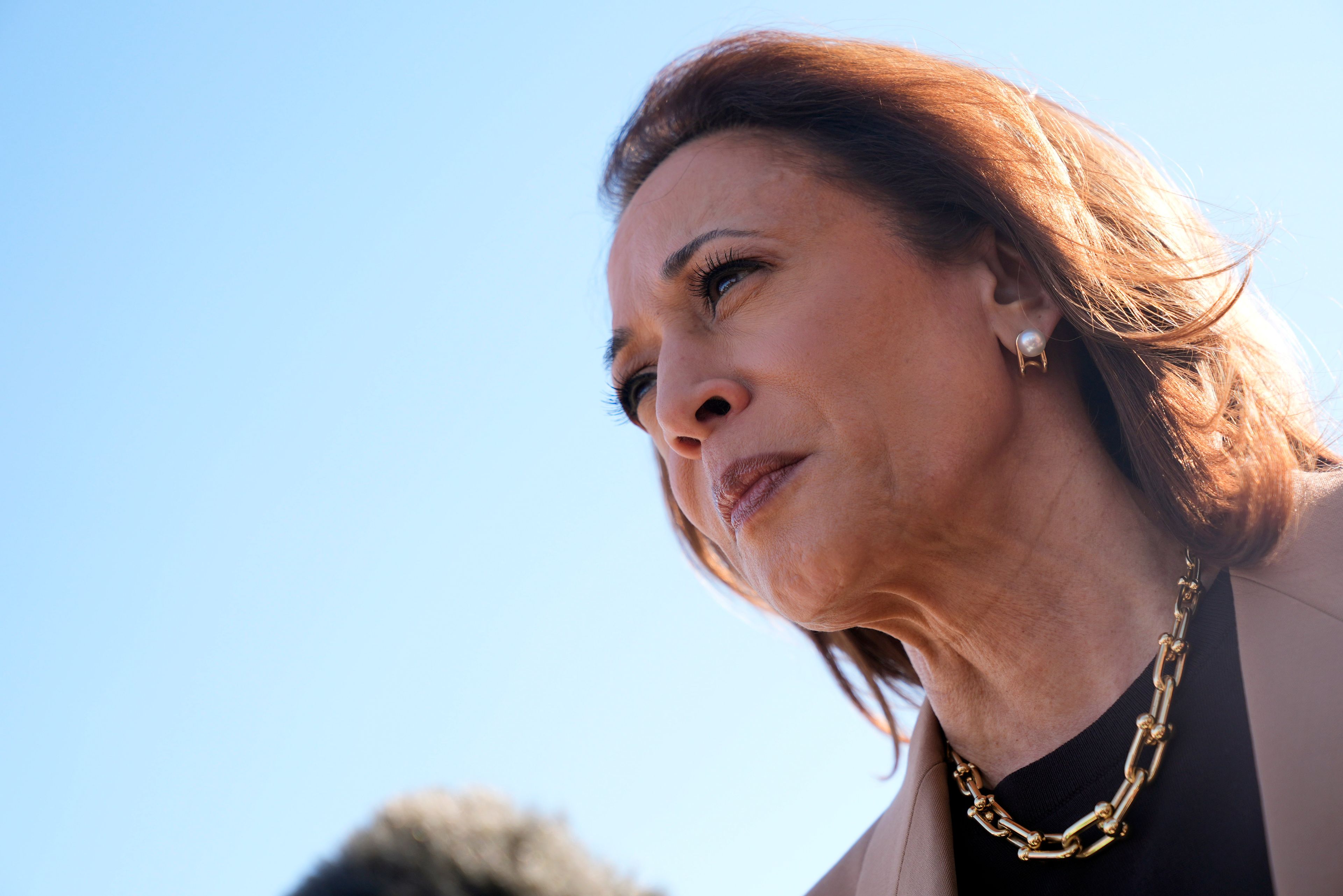 Democratic presidential nominee Vice President Kamala Harris speaks to reporters before she departs Las Vegas from Harry Reid International Airport, Thursday, Oct. 10, 2024, en route to Arizona. (AP Photo/Jacquelyn Martin)