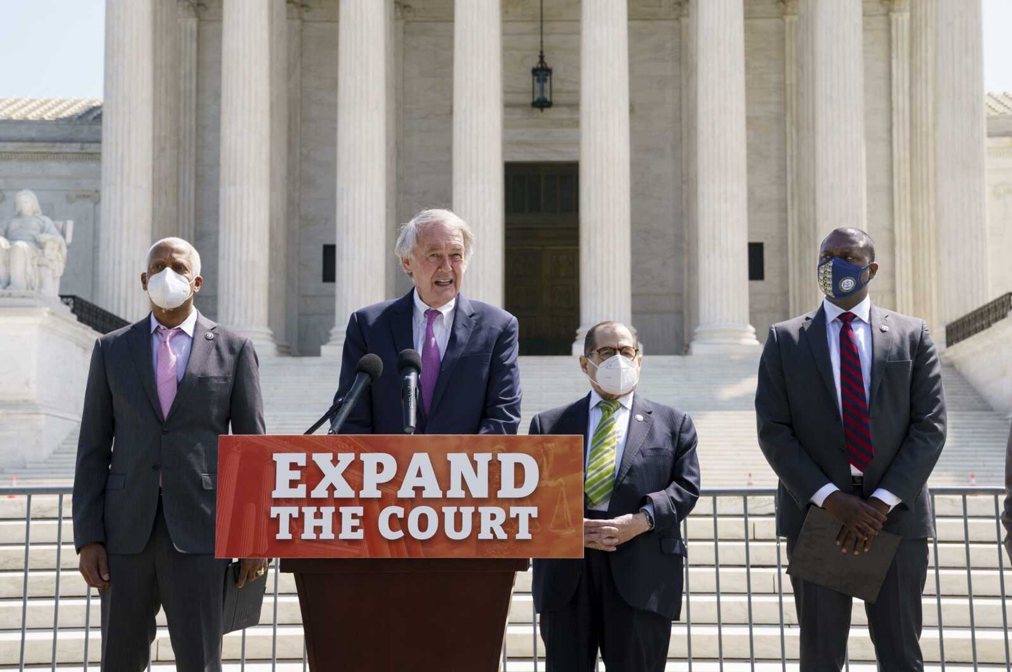 From left, Rep. Hank Johnson, D-Ga., Sen. Ed Markey, D-Mass., House Judiciary Committee Chairman Jerrold Nadler, D-N.Y., and Rep. Mondaire Jones, D-N.Y., hold a news conference outside the Supreme Court to announce legislation to expand the number of seats on the high court, Thursdasy on Capitol Hill in Washington.