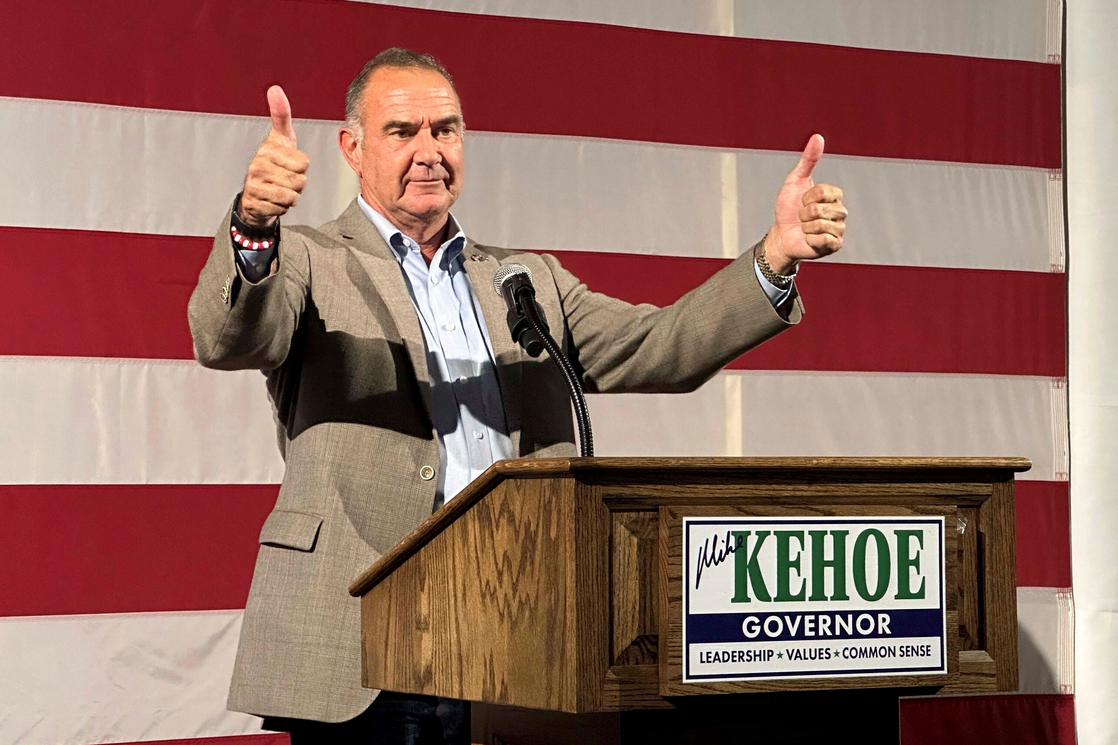 Missouri Lt. Gov. Mike Kehoe celebrates after winning the Republican primary for governor on Tuesday, Aug. 6, 2024, in Jefferson City, Mo. (AP Photo/David A. Lieb)