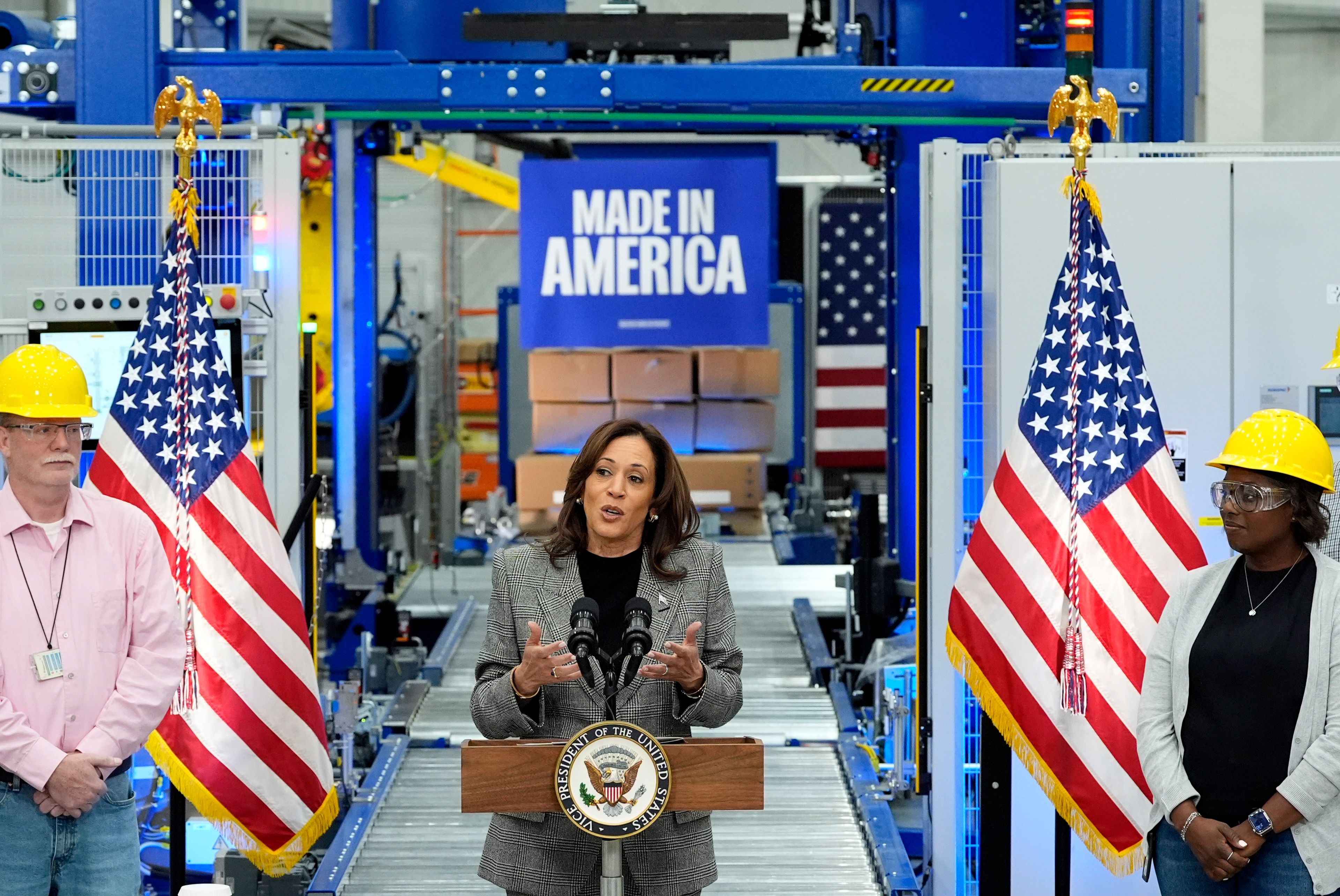 Democratic presidential nominee Vice President Kamala Harris speaks after taking a tour of the Hemlock Semiconductor Next-Generation Finishing facility in Hemlock, Mich., Monday, Oct. 28, 2024. (AP Photo/Jacquelyn Martin)