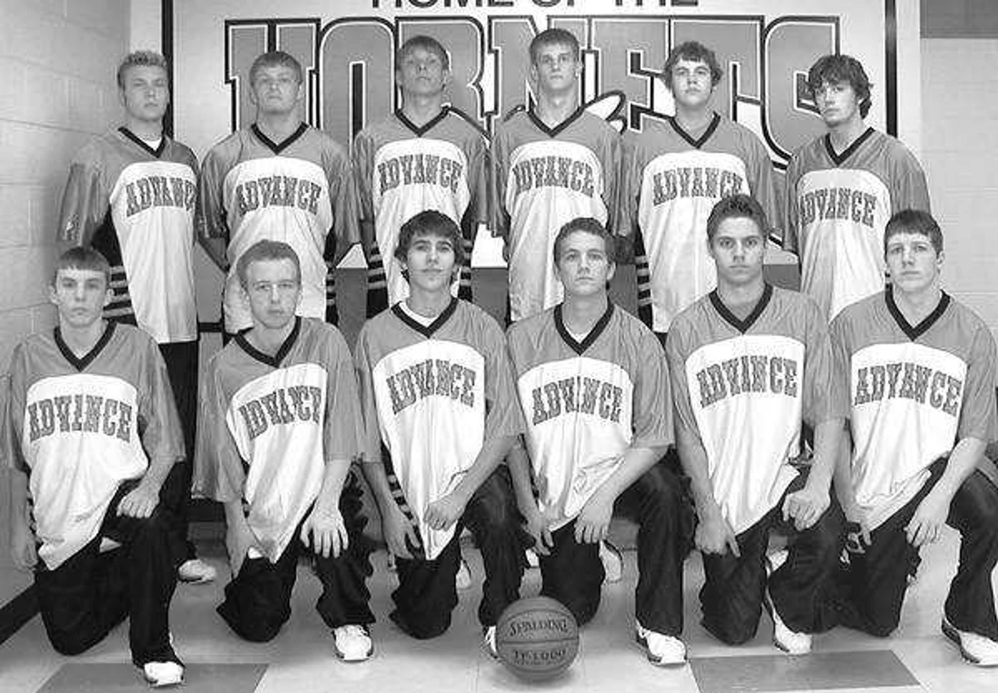 Members of the Advance basketball team, from left: Front -- Rusty Hendricks, Cameron Stevens, Jordan Seabaugh, Daryl Wade, Adam Baker, Tyler Wade; Back -- Jeremy Limbaugh, Josh Baily, Josh Sturgeon, James Masters, Trenton Moses, Alex Steil.