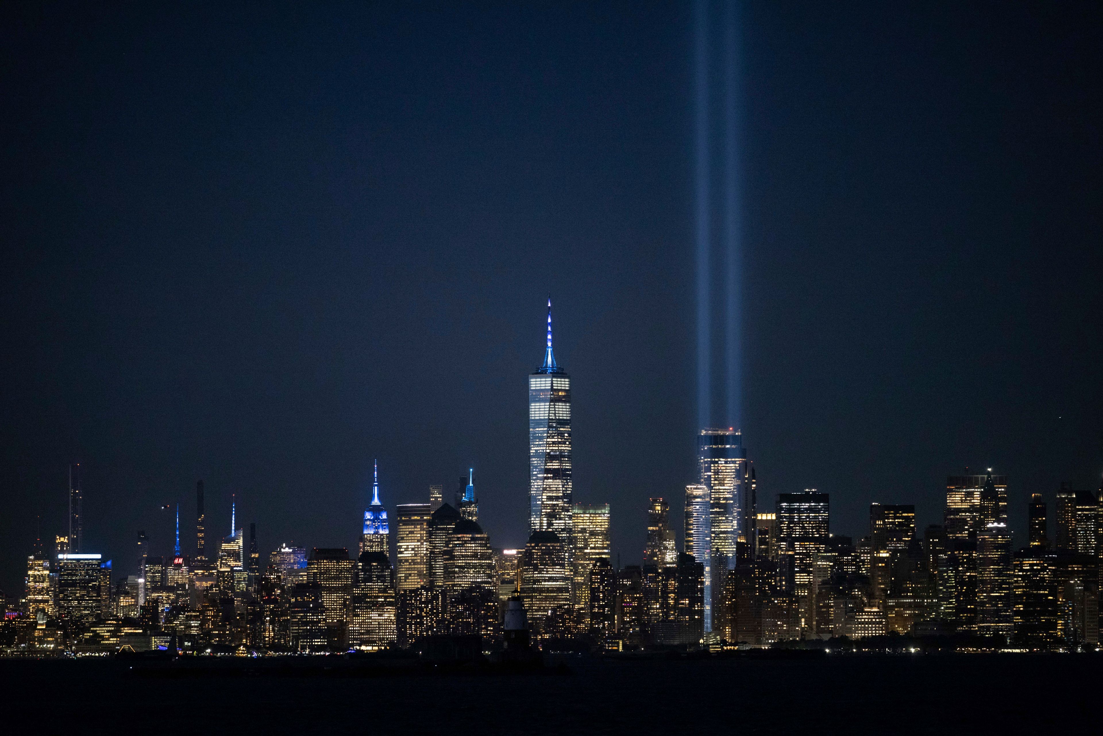 The Tribute in Light is seen in the sky in New York's Lower Manhattan on the 23rd anniversary of the Sept. 11, 2001 attacks, Wednesday, Sept. 11, 2024, in New York. (AP Photo/Yuki Iwamura)