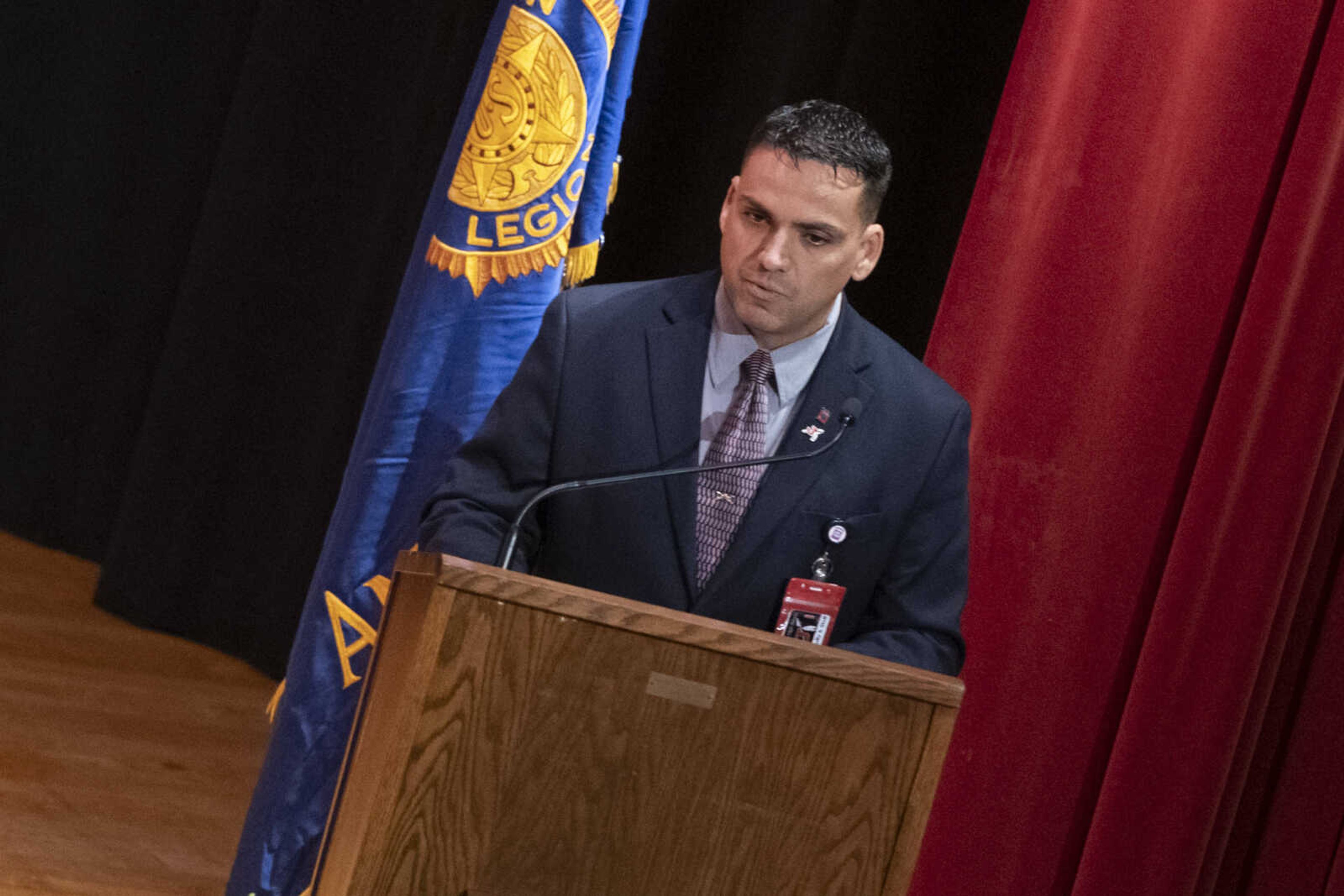 William Lewis delivers the commencement speech during an in-person military graduation ceremony Friday, May 22, 2020, at Jackson High School.