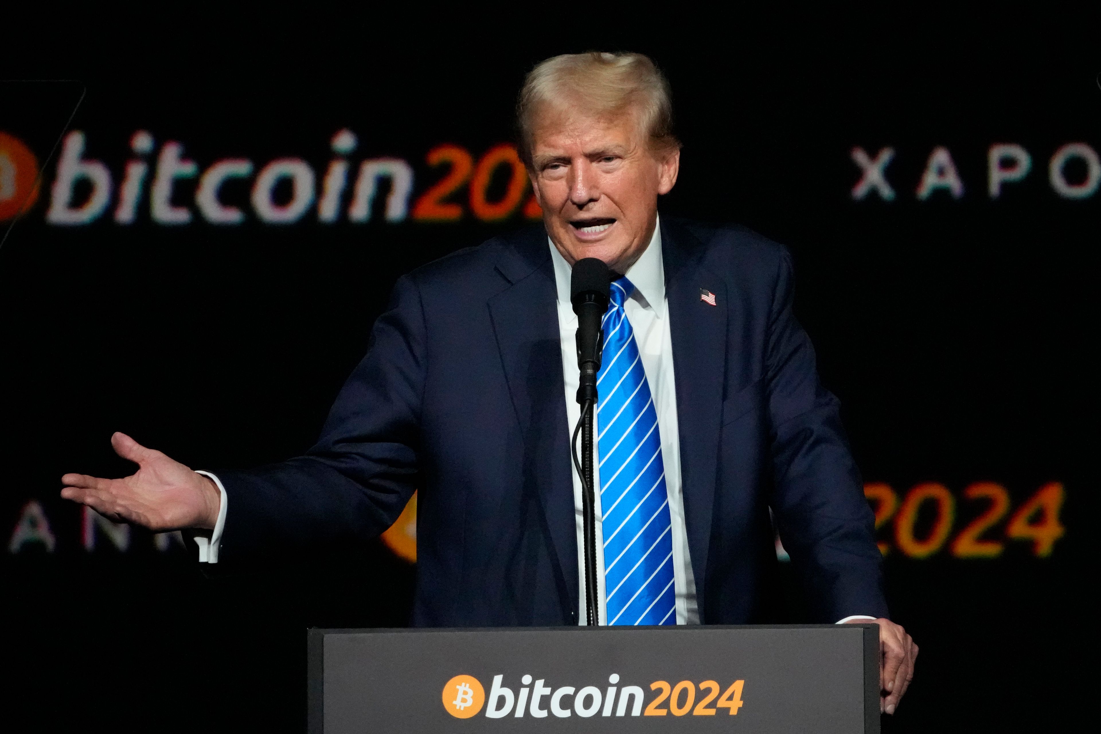 FILE - Republican presidential candidate former President Donald Trump speaks at the Bitcoin 2024 Conference Saturday, July 27, 2024, in Nashville, Tenn. (AP Photo/Mark Humphrey, File)