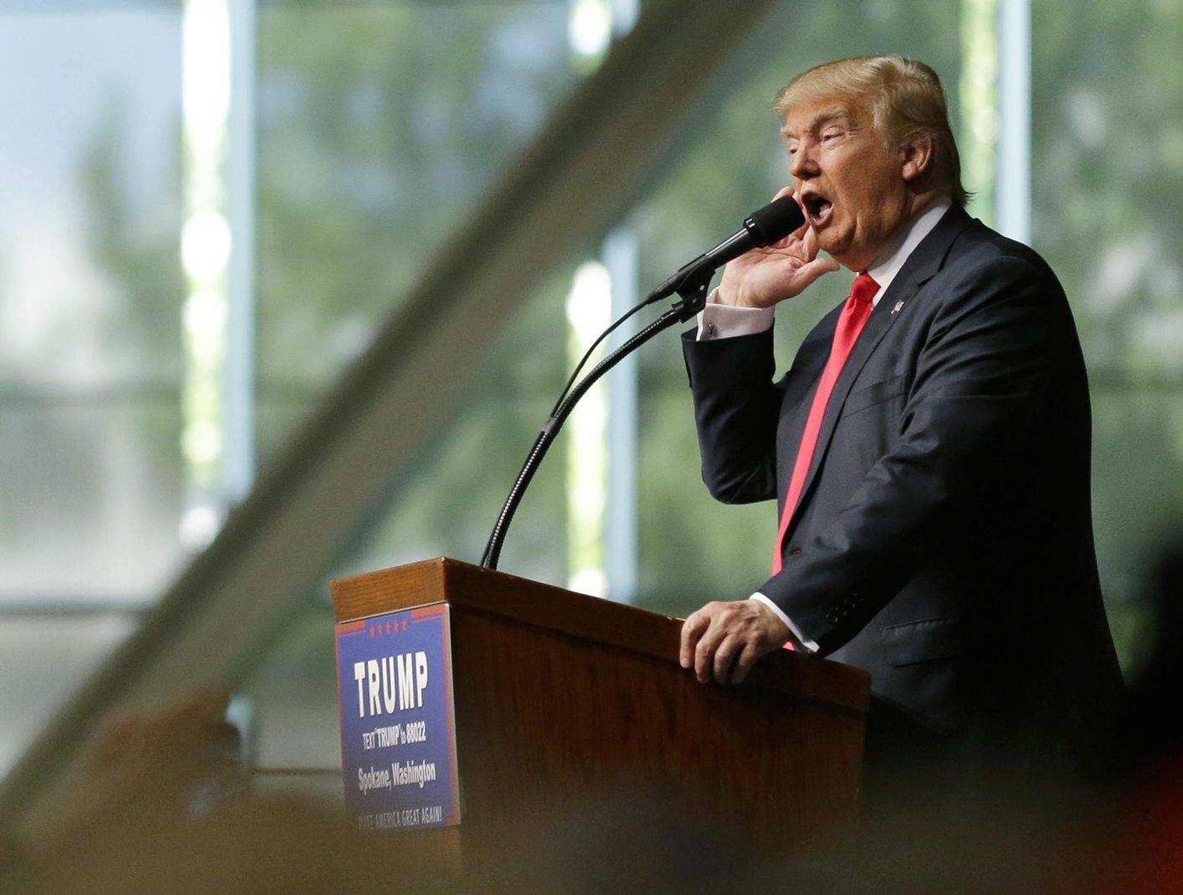 GOP presidential candidate Donald Trump speaks during a rally Saturday in Spokane, Washington.