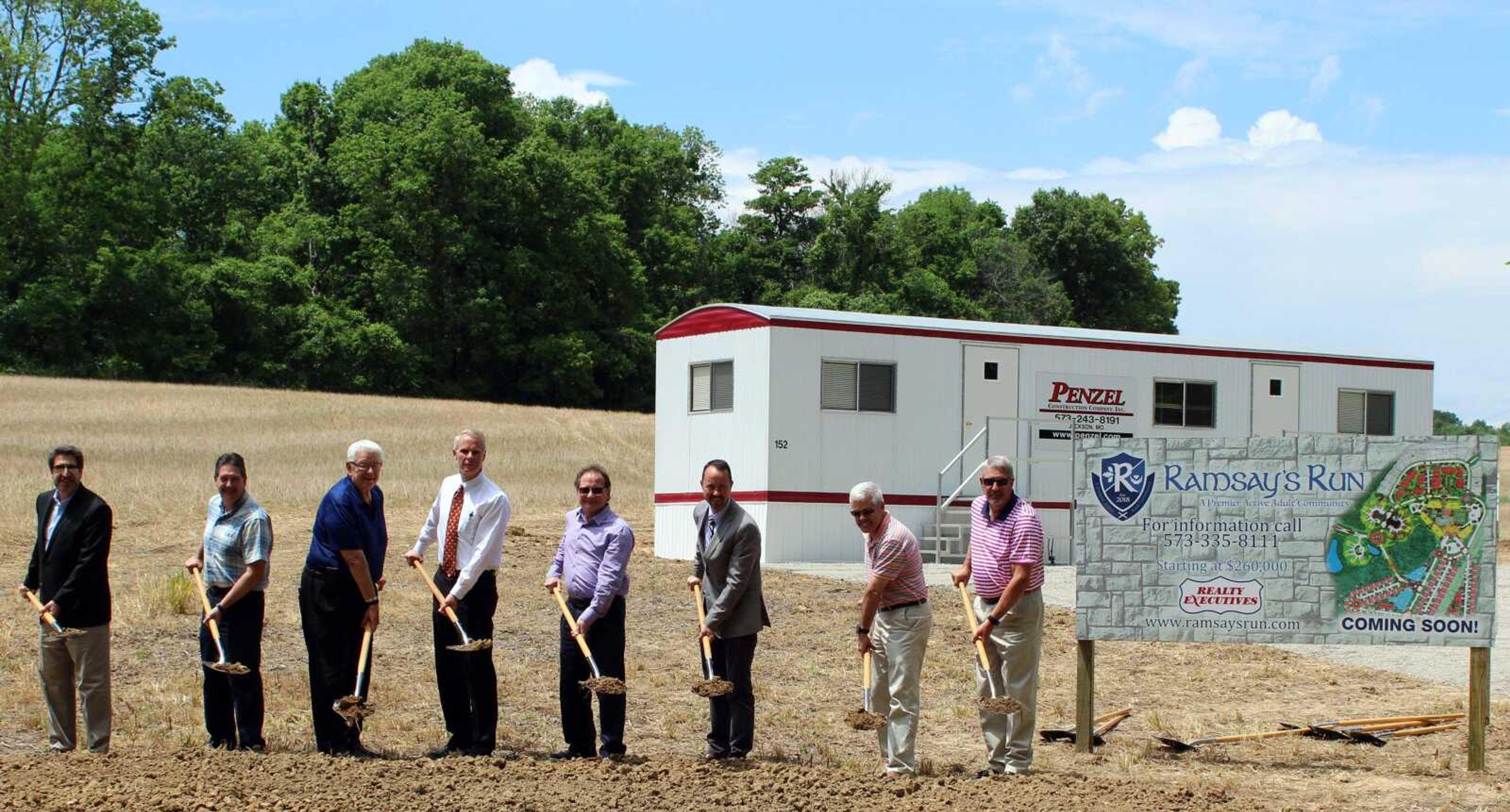 From left, John Mehner, Cape Area Chamber of Commerce; Chris Koehler, Koehler Engineering; Harry Rediger, Chateau Girardeau Board of Directors; Rob Rueseler, Chateau Girardeau Board of Directors; Vernon Kasten, chairman of the Chateau Board of Directors; Brian Paul, Gray Design Group; Phil Penzel, Penzel Construction; Keith Boeller, president/CEO The Chateau Girardeau, attend the groundbreaking of Ramsay's Run.