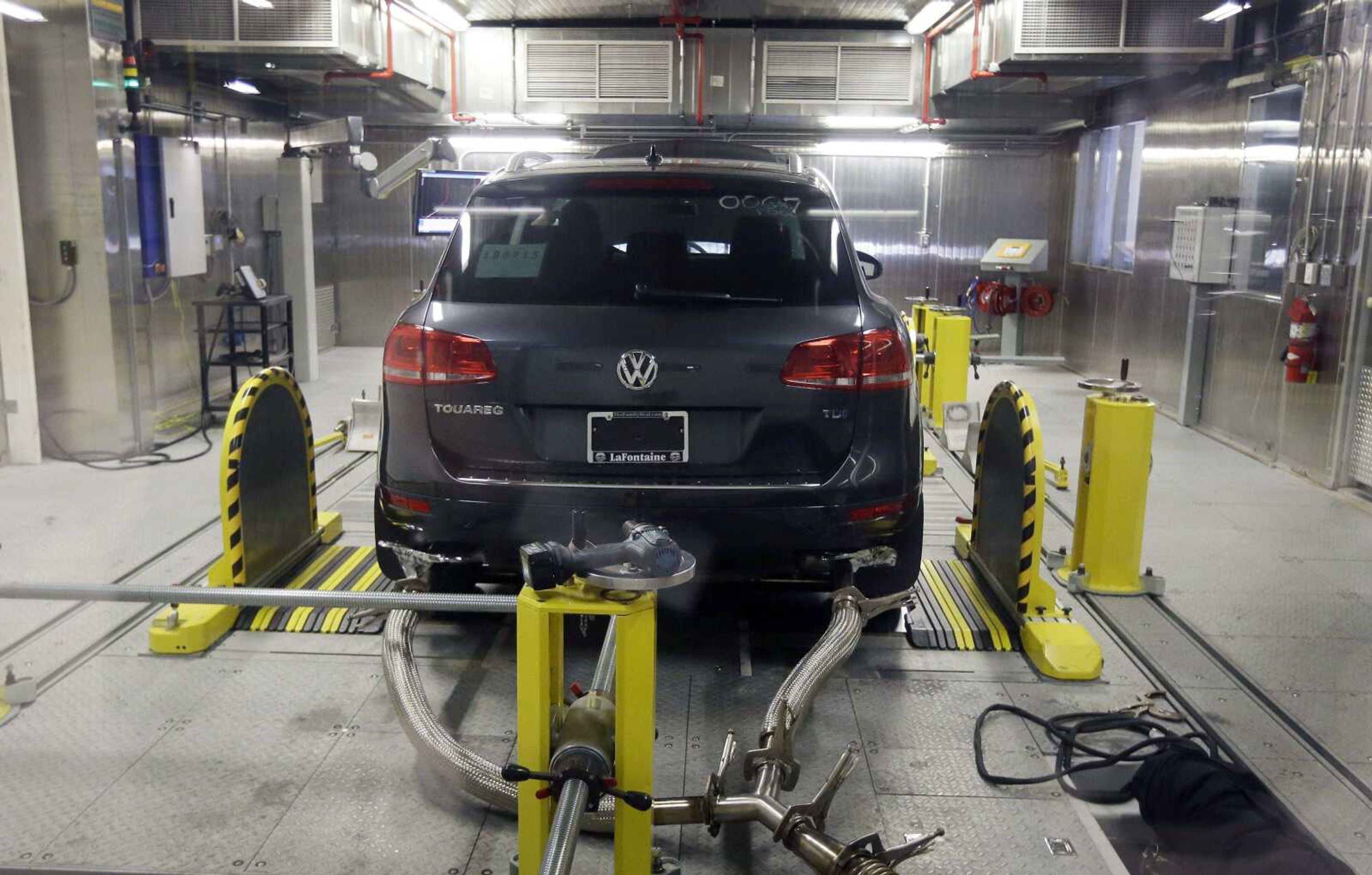 A Volkswagen Touareg diesel is tested Oct. 13 in the Environmental Protection Agency's cold-temperature test facility in Ann Arbor, Michigan. (Carlos Osorio ~ Associated Press)