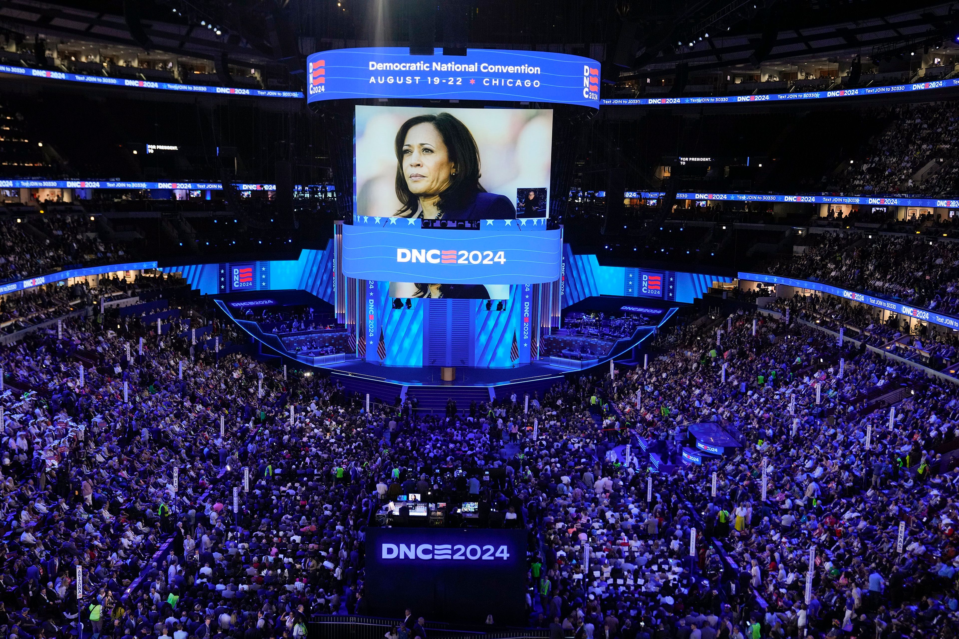 A video of Democratic presidential nominee Vice President Kamala Harris is seen during the Democratic National Convention Monday, Aug. 19, 2024, in Chicago.