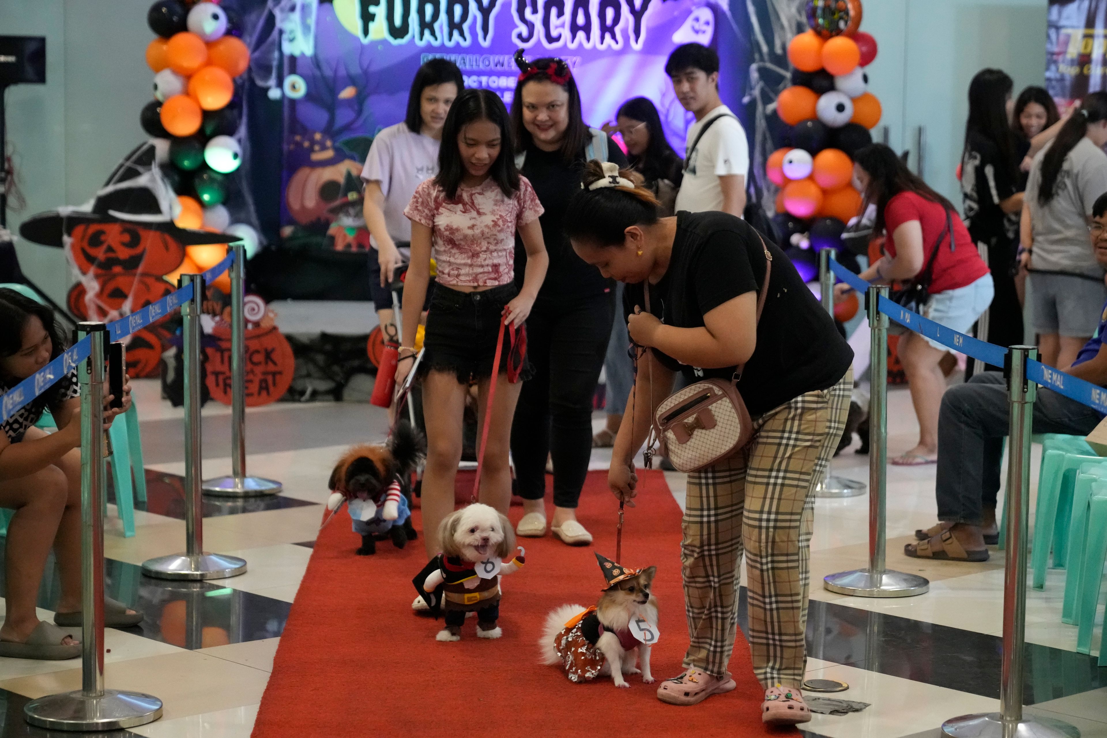 Pet owners walk with their dogs during a Halloween pet party at a mall in Valenzuela city, Philippines on Saturday, Oct. 19, 2024. (AP Photo/Aaron Favila)