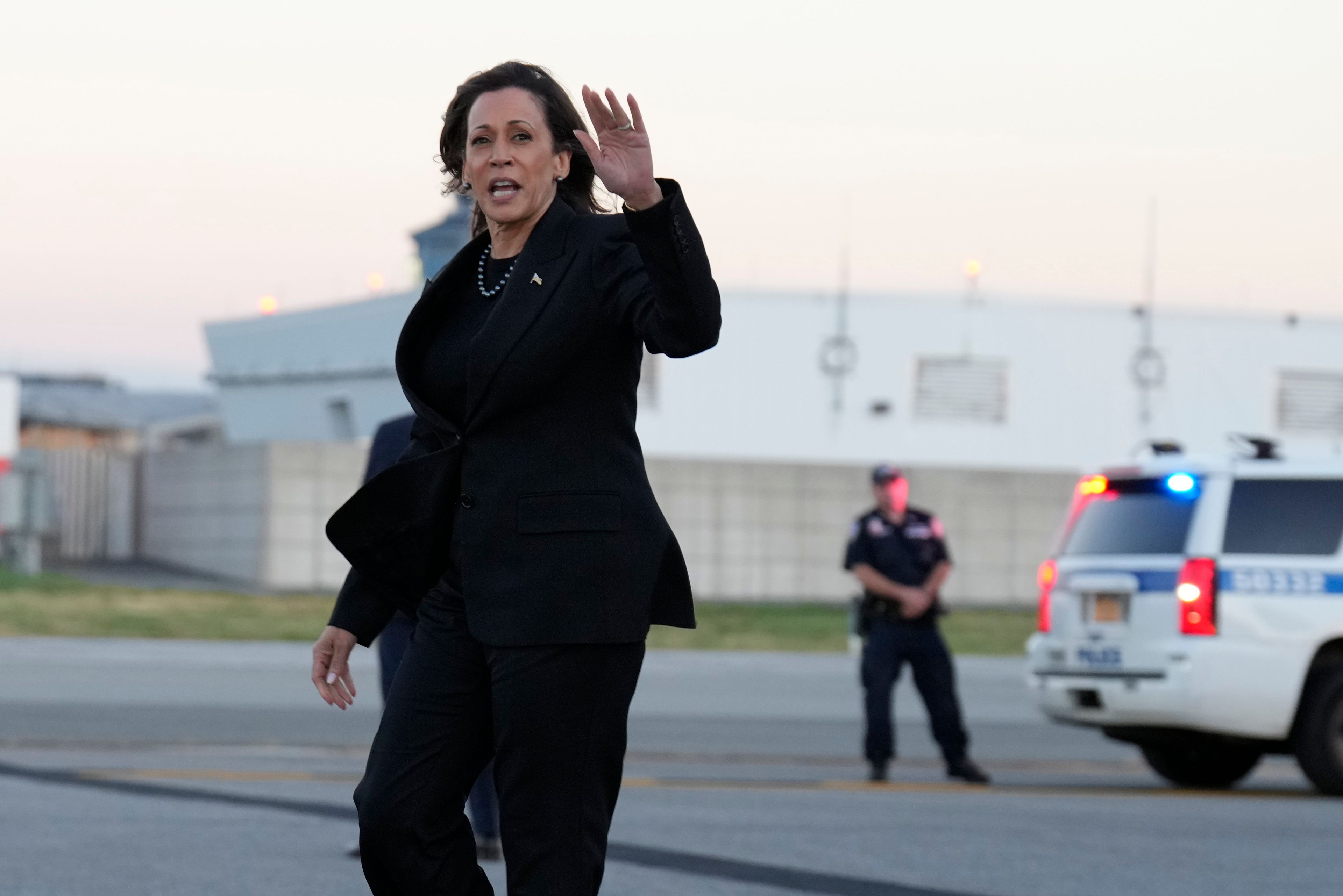 Democratic presidential nominee Vice President Kamala Harris arrives at LaGuardia Airport, Monday Oct. 7, 2024, in New York. (AP Photo/Jacquelyn Martin)