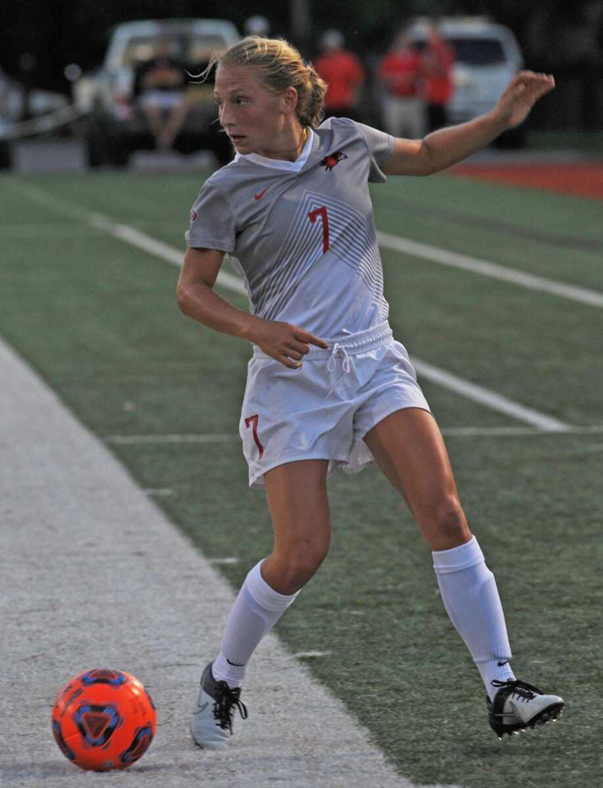 Southeast Missouri State midfielder Lauren Kaempfe looks to play the ball during Friday's game.