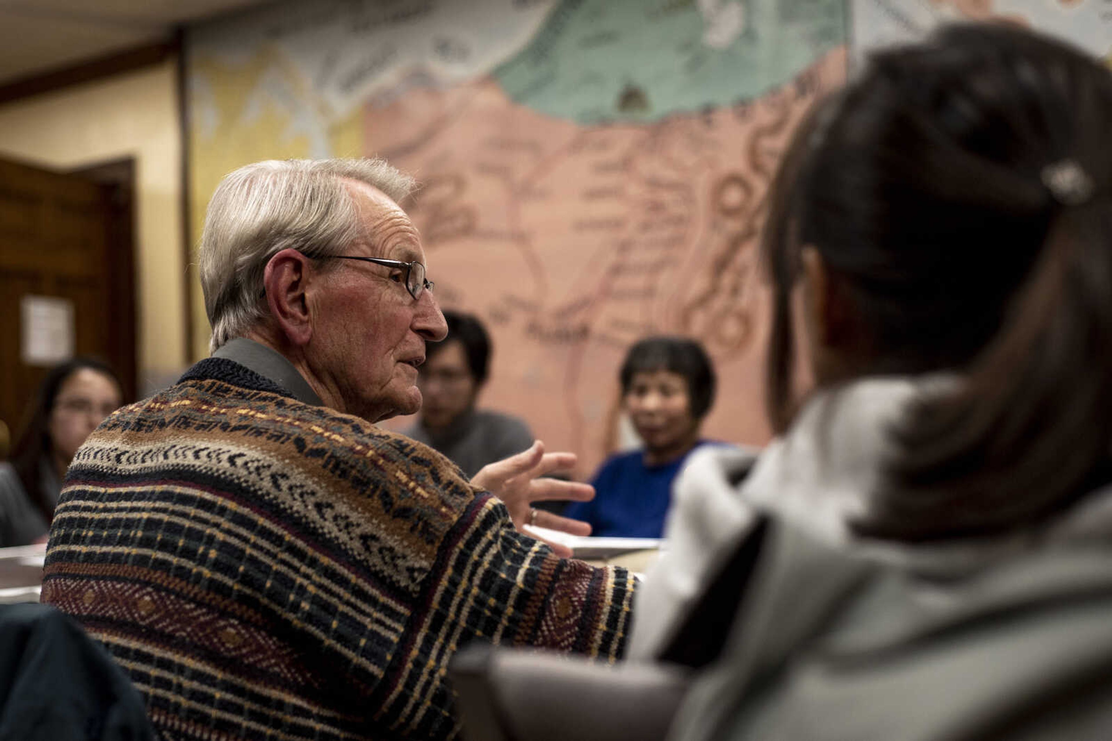 Dr. Ron Winstead leads a Bible study in Mandarin and English Friday, March 8, 2019, at the Southeast Missouri State University Baptist Student Center in Cape Girardeau.