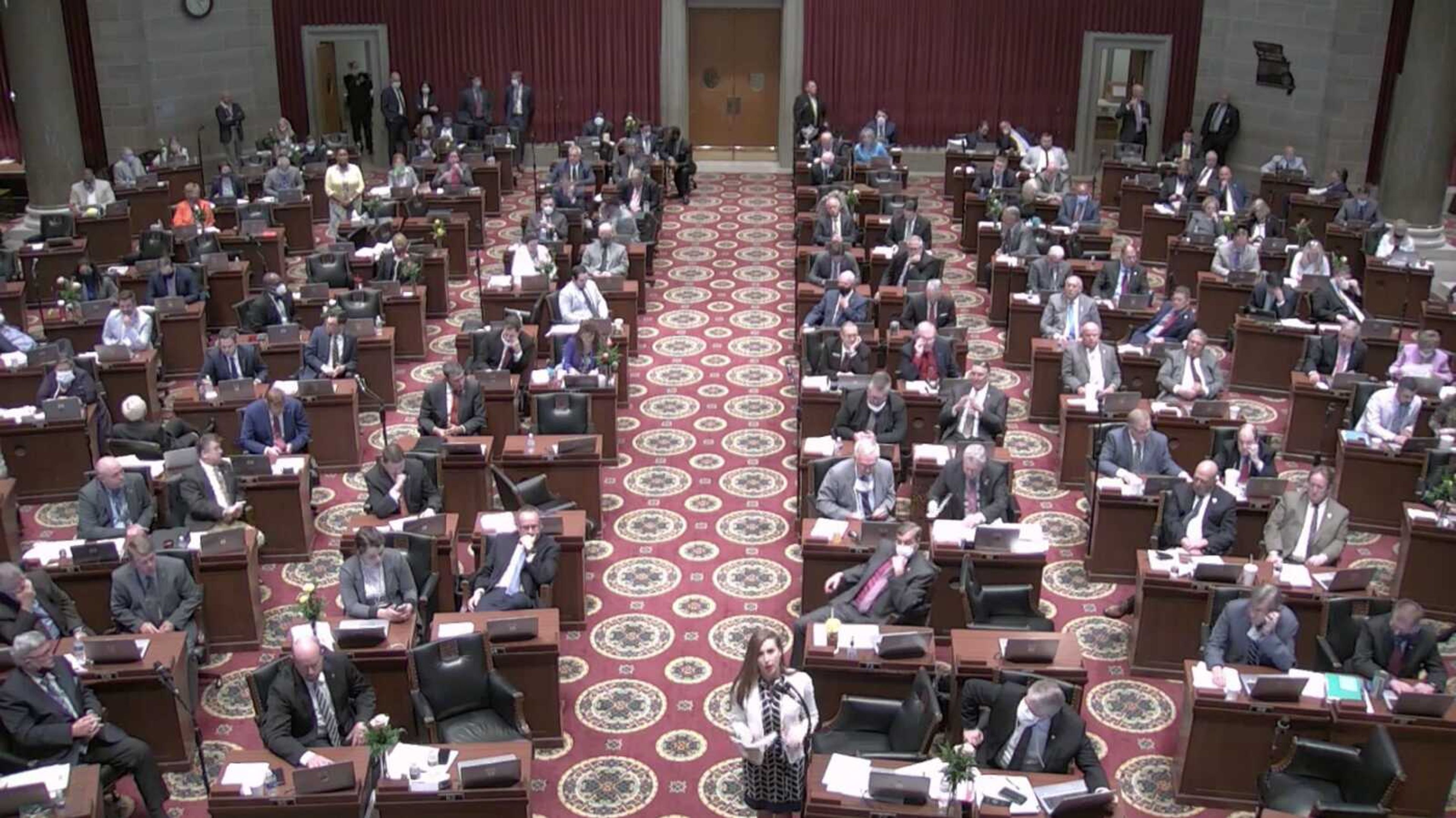 Rep. Holly Rehder speaks to the Missouri House of Representatives on Wednesday, May 13, 2020, ahead of the House vote on legislation that would have established a statewide prescription drug monitoring program. On Friday, the final day of the 2020 legislative session, legislators reached an impasse on the bill which was ultimately withdrawn.