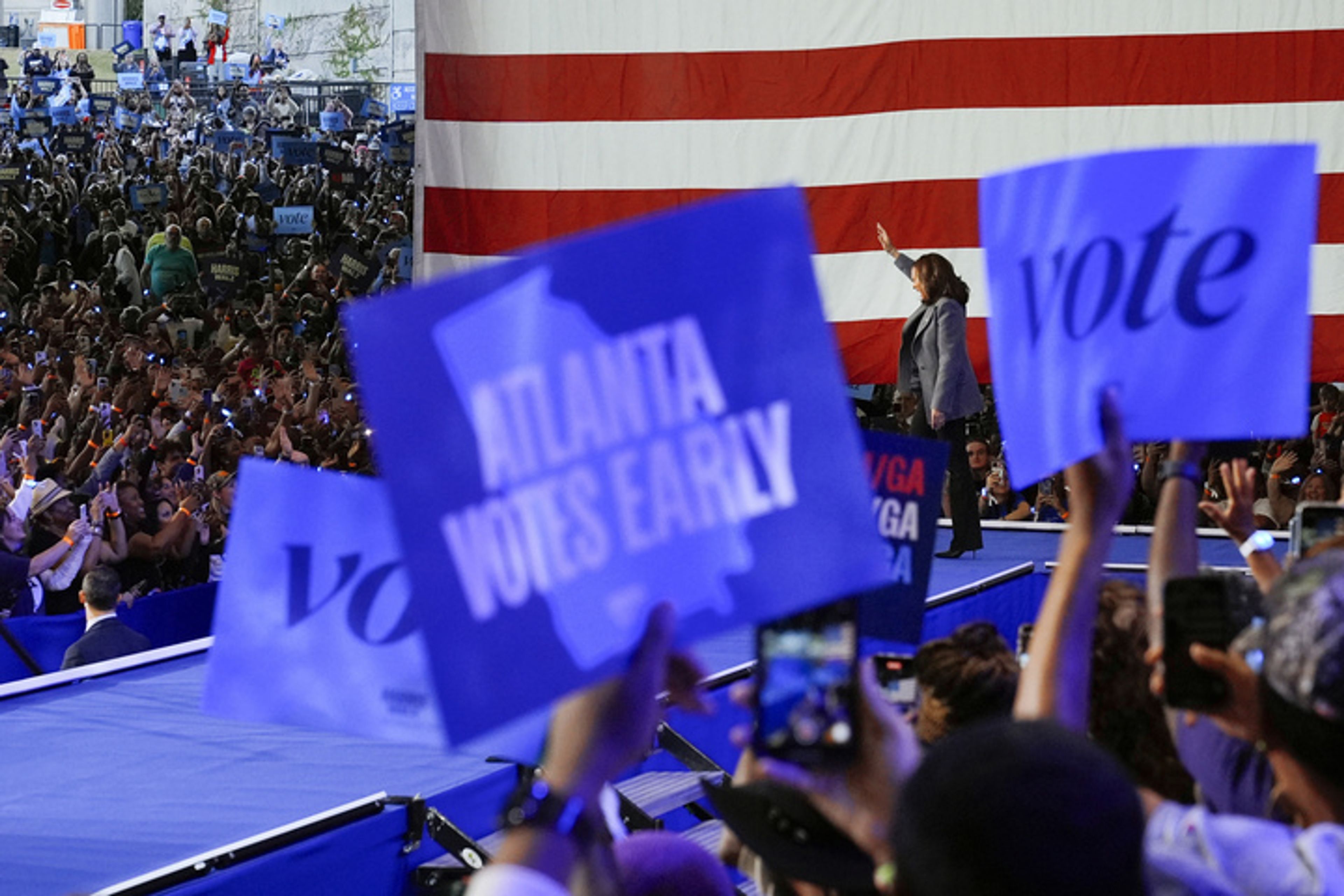 Democratic presidential nominee Vice President Kamala Harris waves as she arrives to speak at a campaign event at Lakewood Amphitheatre, Saturday, Oct. 19, 2024, in Atlanta. (AP Photo/Jacquelyn Martin)