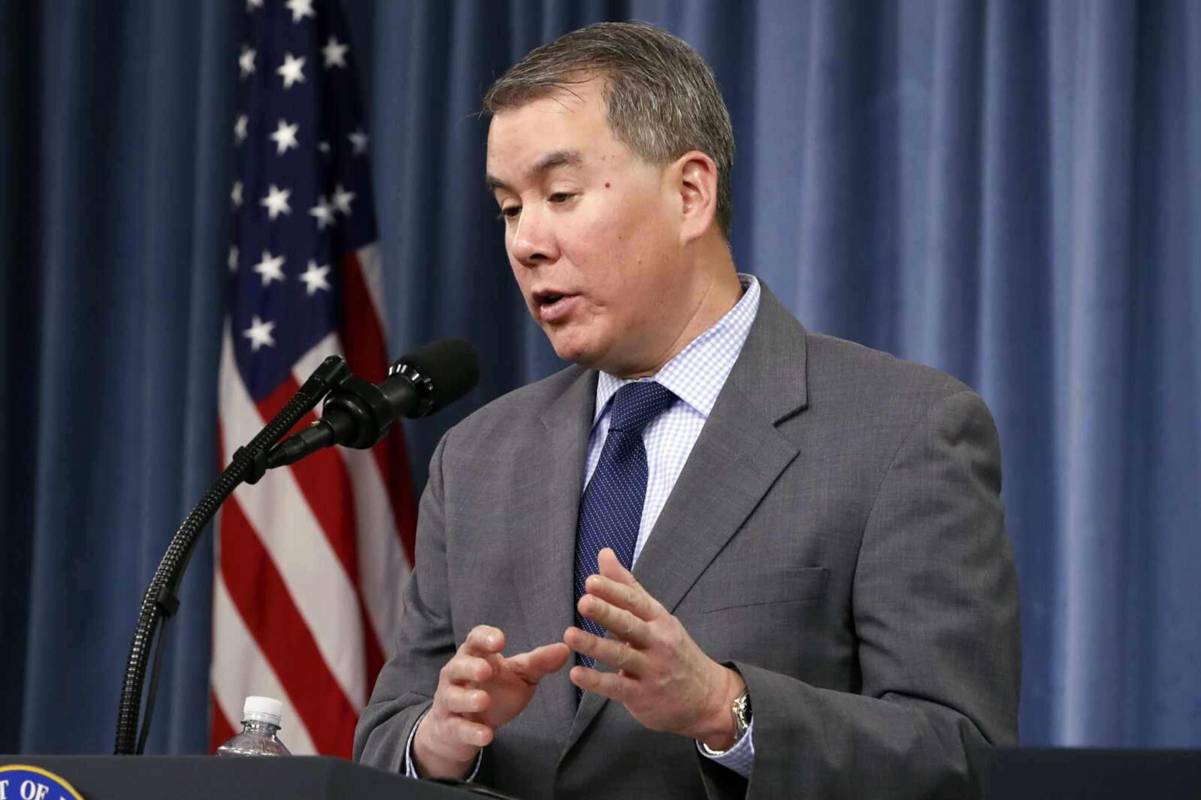 FILE - In this Feb. 2, 2018, file photo, Under Secretary of Defense for Policy, John Rood, speaks during a news conference on the 2018 Nuclear Posture Review, at the Pentagon. John Rood, the Pentagon's top policy official who had certified last year that the Defense Department had seen enough anti-corruption progress in Ukraine to justify releasing congressionally authorized aid, has resigned at President Donald Trump's request. (AP Photo/Jacquelyn Martin, File)