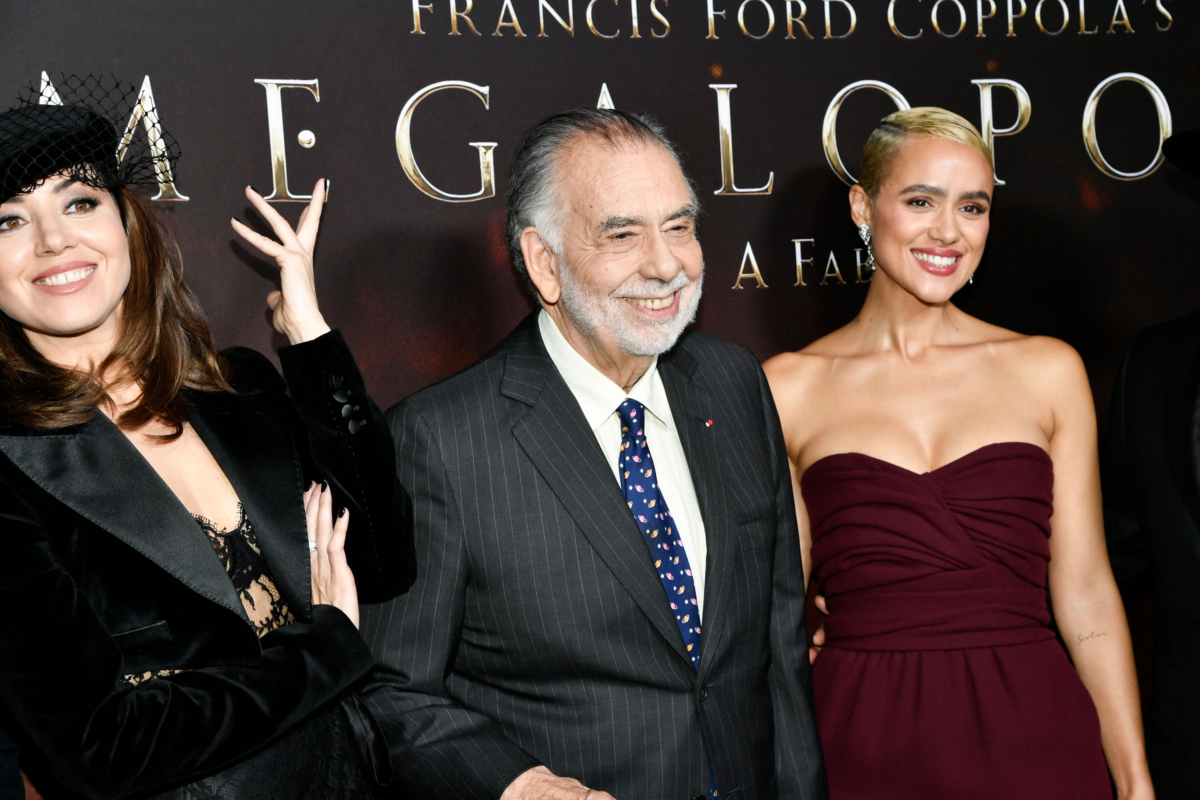 Aubrey Plaza, from left, Francis Ford Coppola, and Nathalie Emmanuel attend the premiere of "Megalopolis" on Monday, Sept. 23, 2024, at AMC Lincoln Square in New York. (Photo by Evan Agostini/Invision/AP)