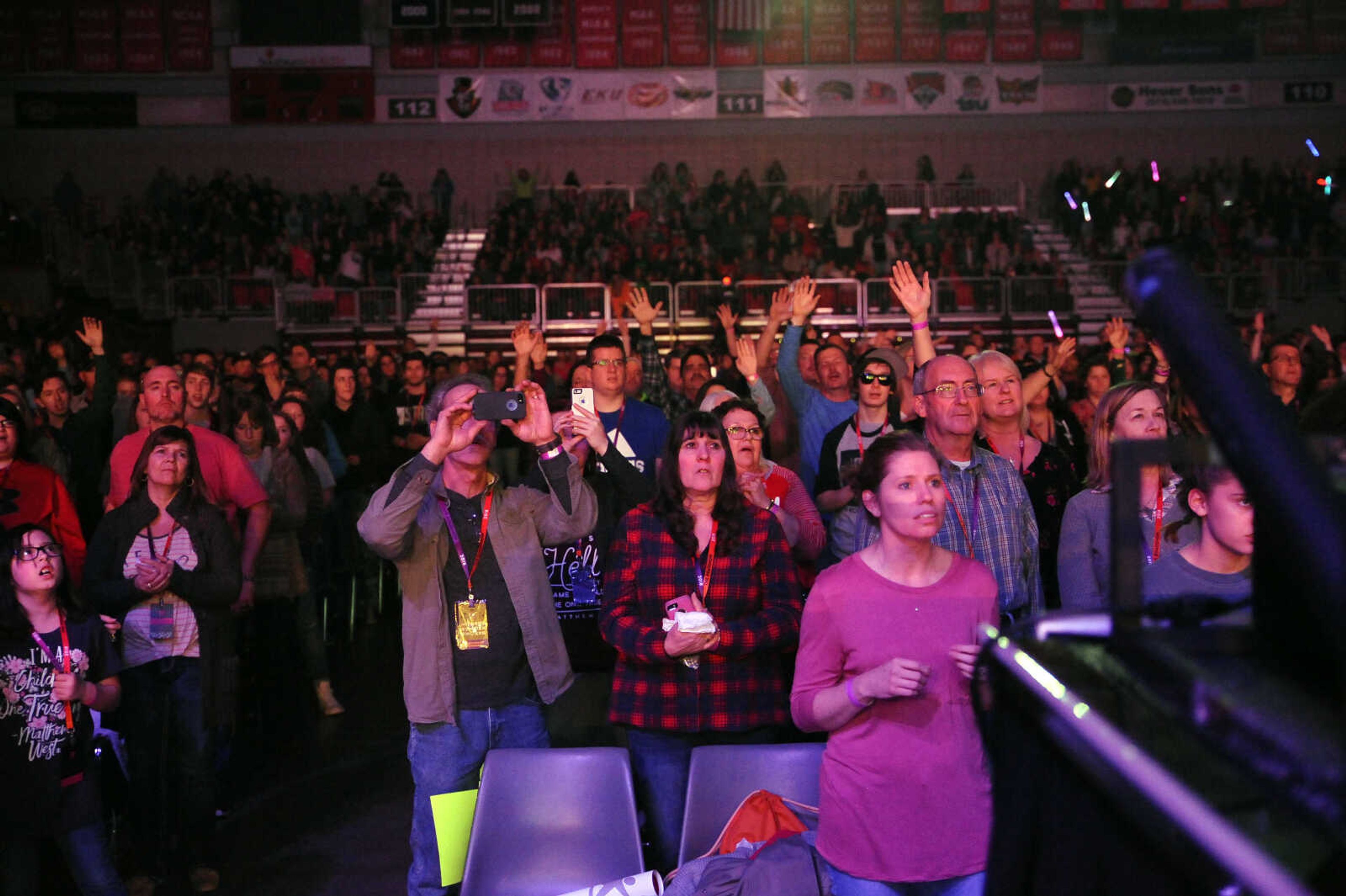 Concert goers reacts to the music of The Roadshow on Thursday, Feb. 22, 2018, held at the Show Me Center in Cape Girardeau.