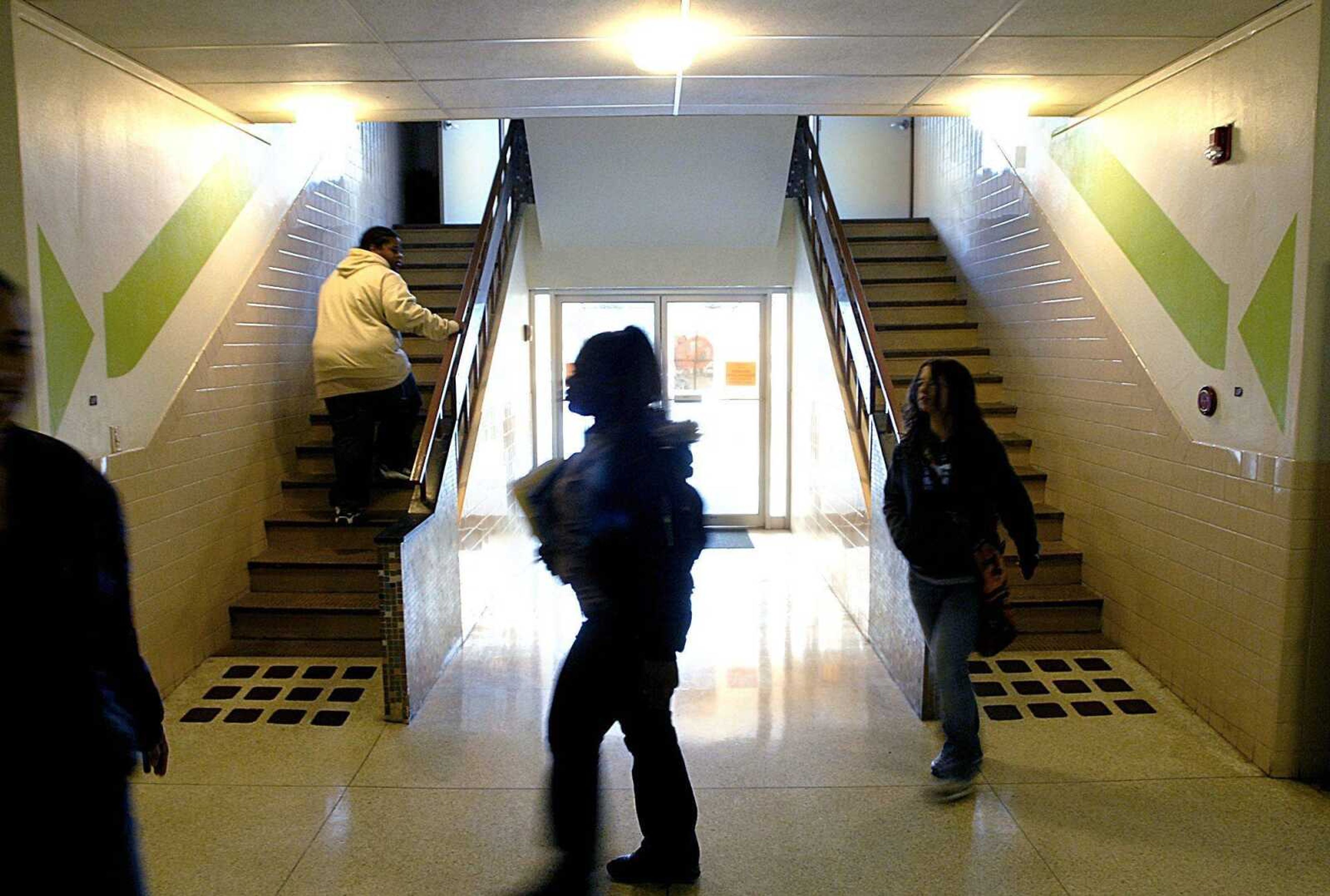 Students moved through the halls between first and second periods Wednesday morning at the Alternative Education Center. (Aaron Eisenhauer)