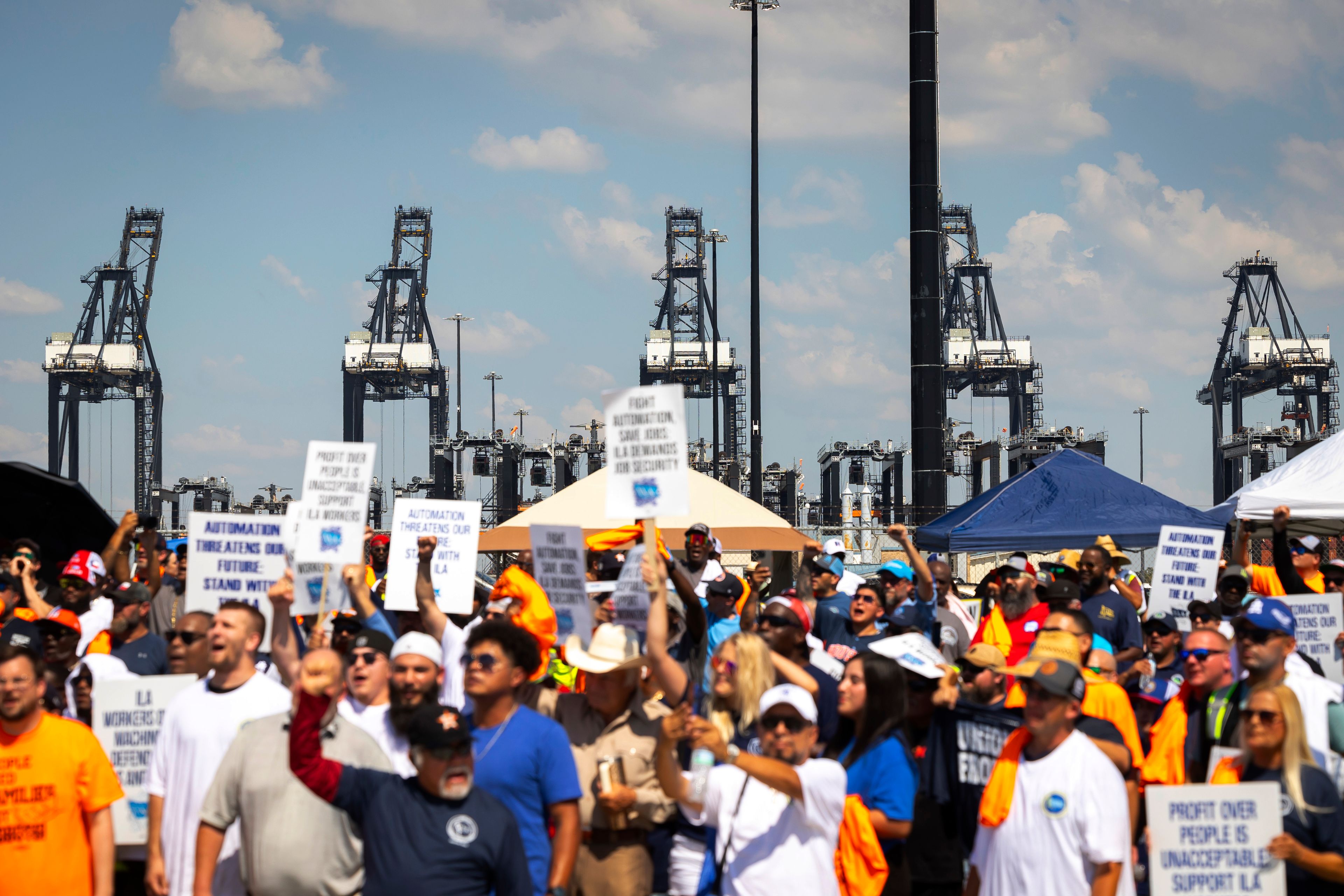 FILE - Cranes usually running day and night are shut down during a strike by ILA members at the Bayport Container Terminal on Oct. 1, 2024, in Houston. (AP Photo/Annie Mulligan, File)