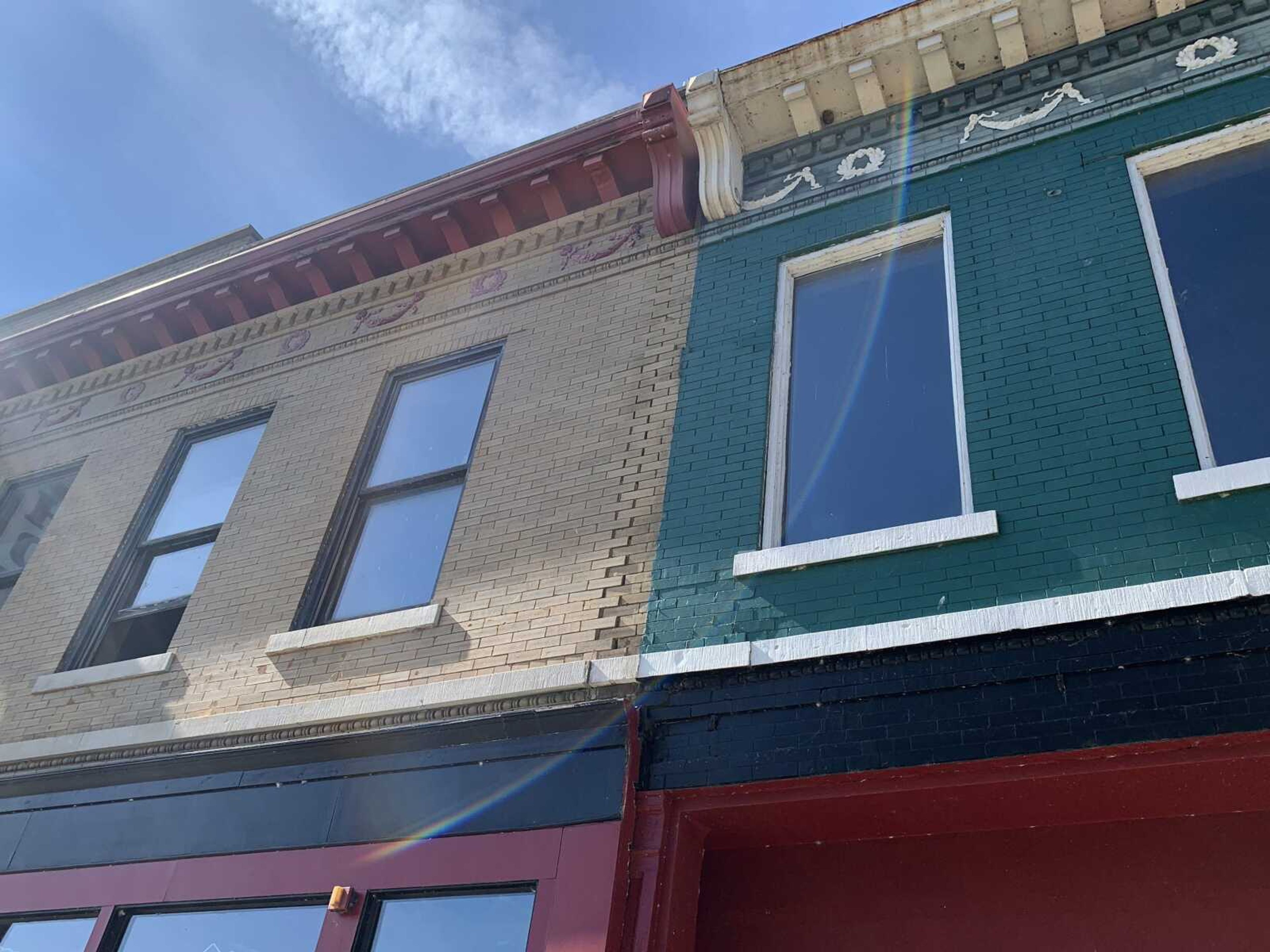 A line of bricks shifted in the front facades of 17 and 15 N. Main St. in downtown Cape Girardeau. City officials closed the southbound lane of Main Street between Themis and Indpendence streets Wednesday morning because of safety concerns with the buildings' structures.