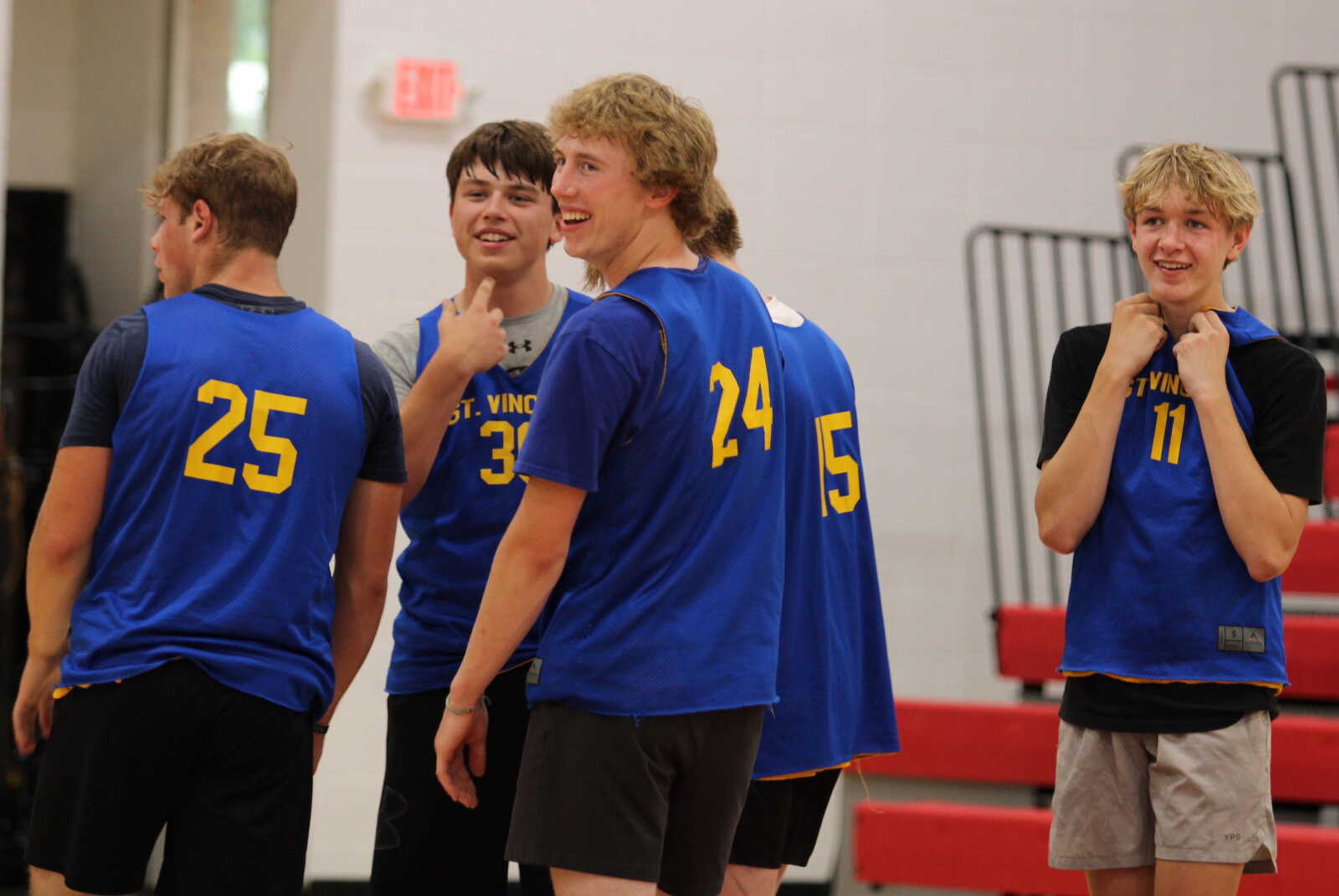 St. Vincent players laugh at their bench in a game against Advance during the Chaffee Varsity Summer Shootout on Wednesday, June 5, in Chaffee, Mo.