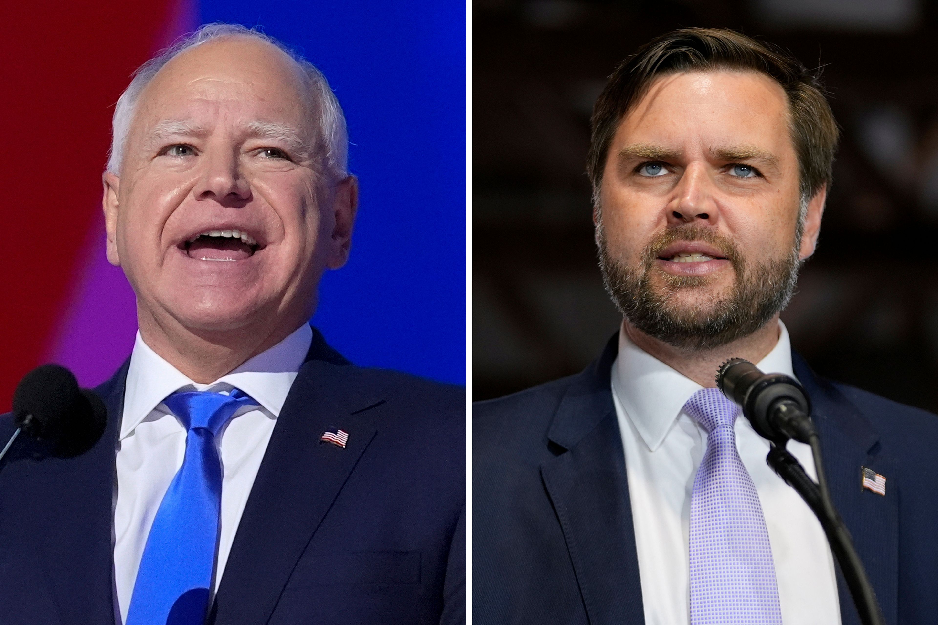 This combination of photos shows Democratic vice presidential candidate Minnesota Gov. Tim Walz, left, at the DNC on Aug. 21, 2024, in Chicago, and Republican vice presidential nominee Sen. JD Vance, R-Ohio, on Sept. 25, 2024, in Traverse City, Mich. (AP Photo)