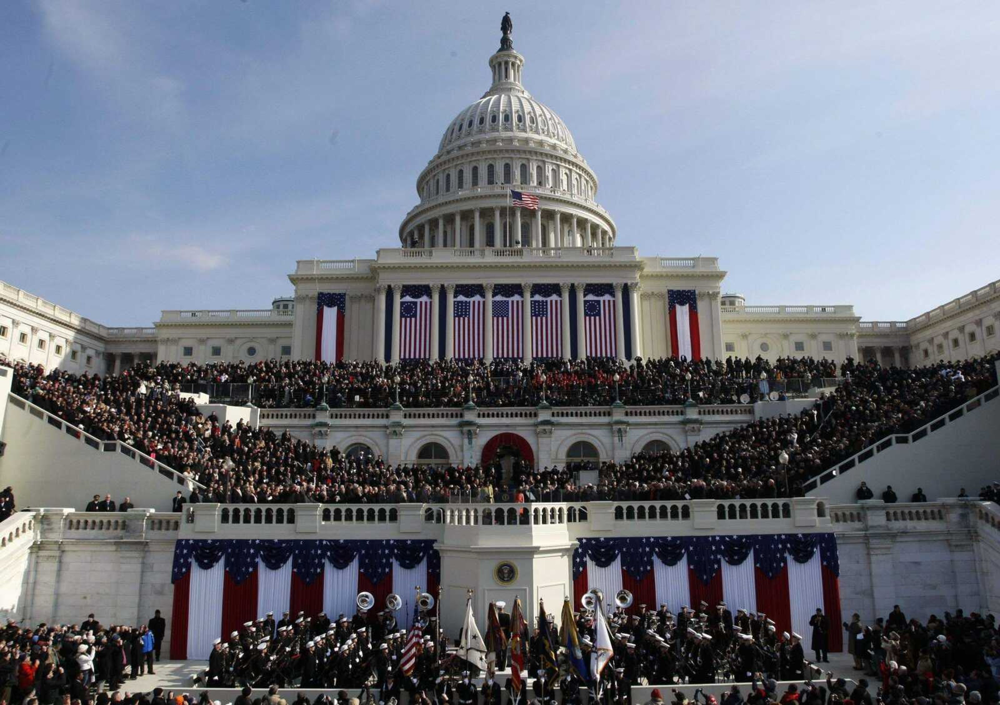 Barack Obama, left, takes the oath of office from Chief Justice John Roberts to become the 44th president of the United States at the U.S. Capitol in Washington, Tuesday, Jan. 20, 2009. (AP PhotoScott Andrews, Pool)