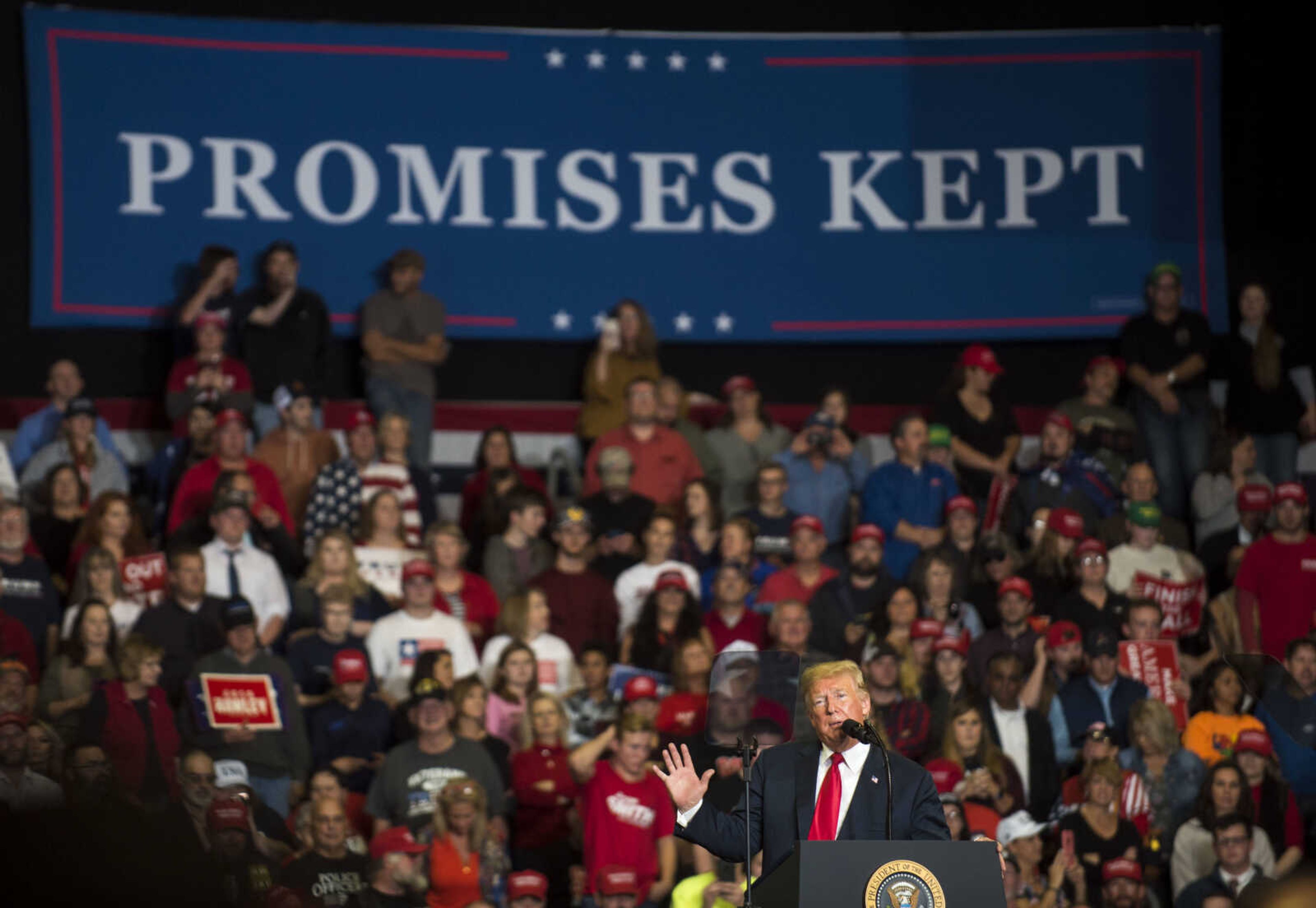 President Donald Trump speaks during a Make America Great Again rally Monday, Nov. 5, 2018, at the Show Me Center in Cape Girardeau.