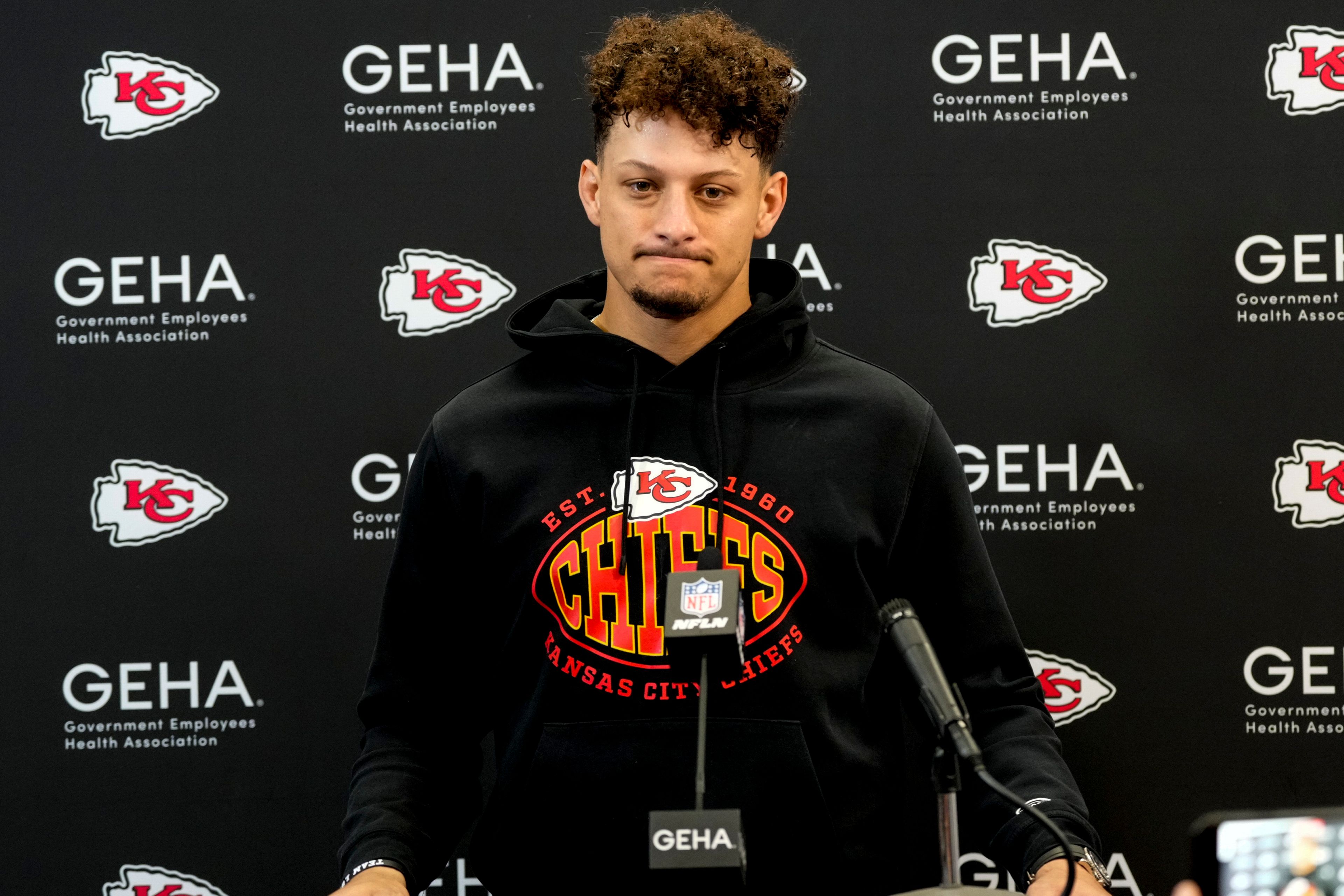 Kansas City Chiefs quarterback Patrick Mahomes speaks after an NFL football game against the Kansas City Chiefs, Sunday, Nov. 24, 2024, in Charlotte, N.C. (AP Photo/Rusty Jones)