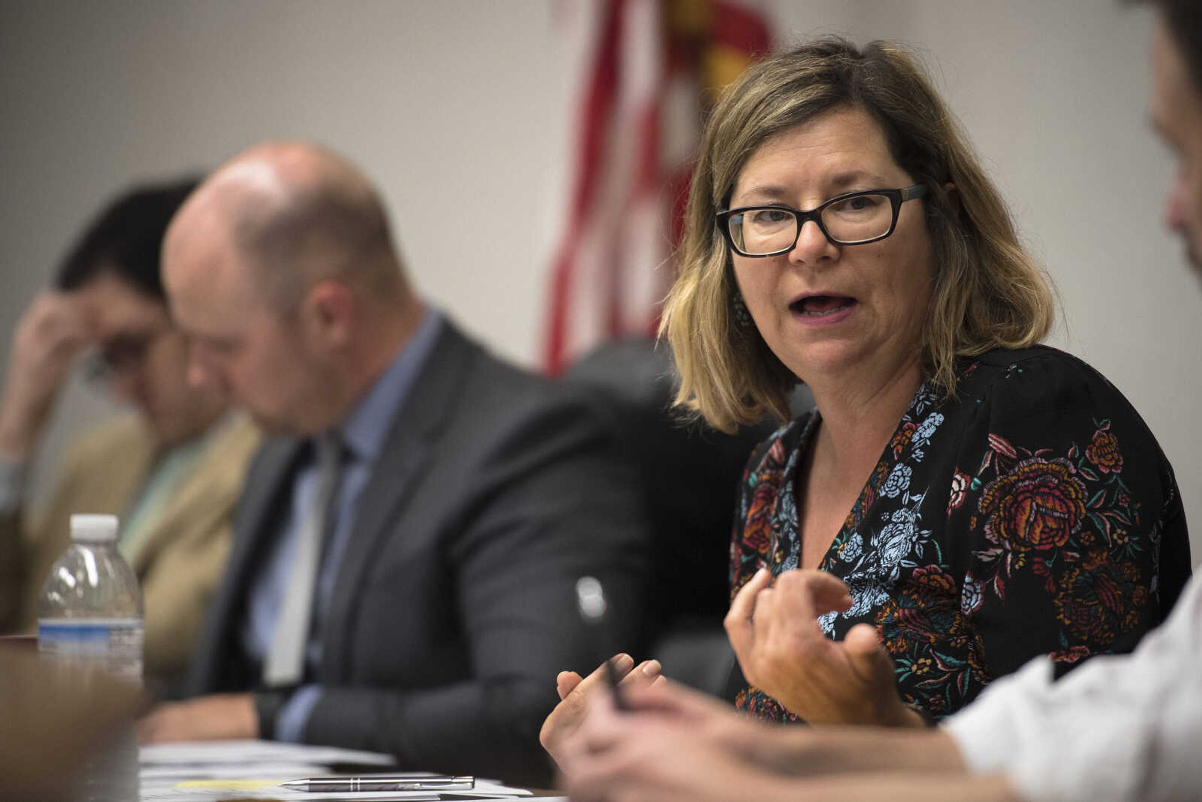 Liquor License Review Board member Lori Meyer speaks to fellow members of the board during an appeal hearing Monday at Cape Girardeau City Hall. 