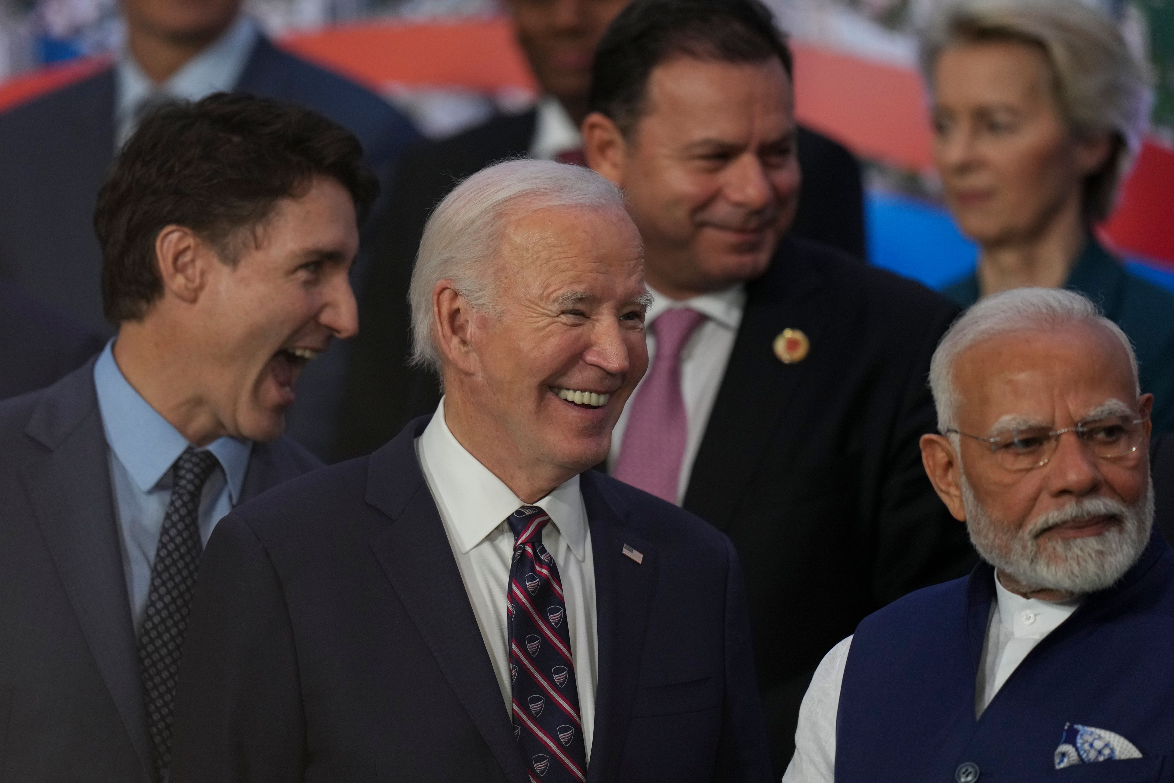 Canada's Prime Minister Justin Trudeau, from left, U.S. President Joe Biden and India's Prime Minister Narendra Modi gather for a G20 Summit world leaders' group photo, in Rio de Janeiro, Tuesday, Nov. 19, 2024. (AP Photo/Silvia Izquierdo)