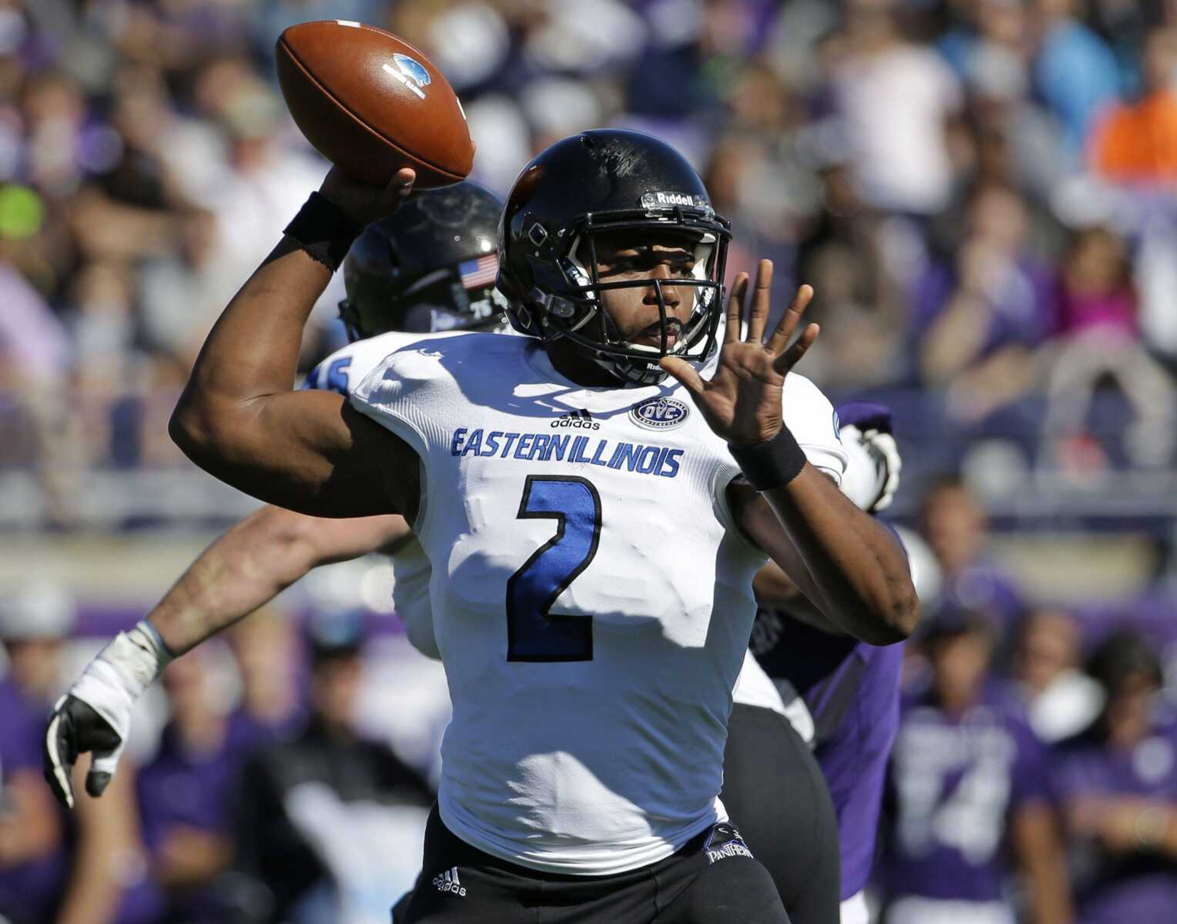 Eastern Illinois quarterback Jalen Whitlow looks to a pass against Northwestern during the first half of an NCAA college football game, Saturday, Sept. 12, 2015, in Evanston, Ill. (AP Photo/Nam Y. Huh)