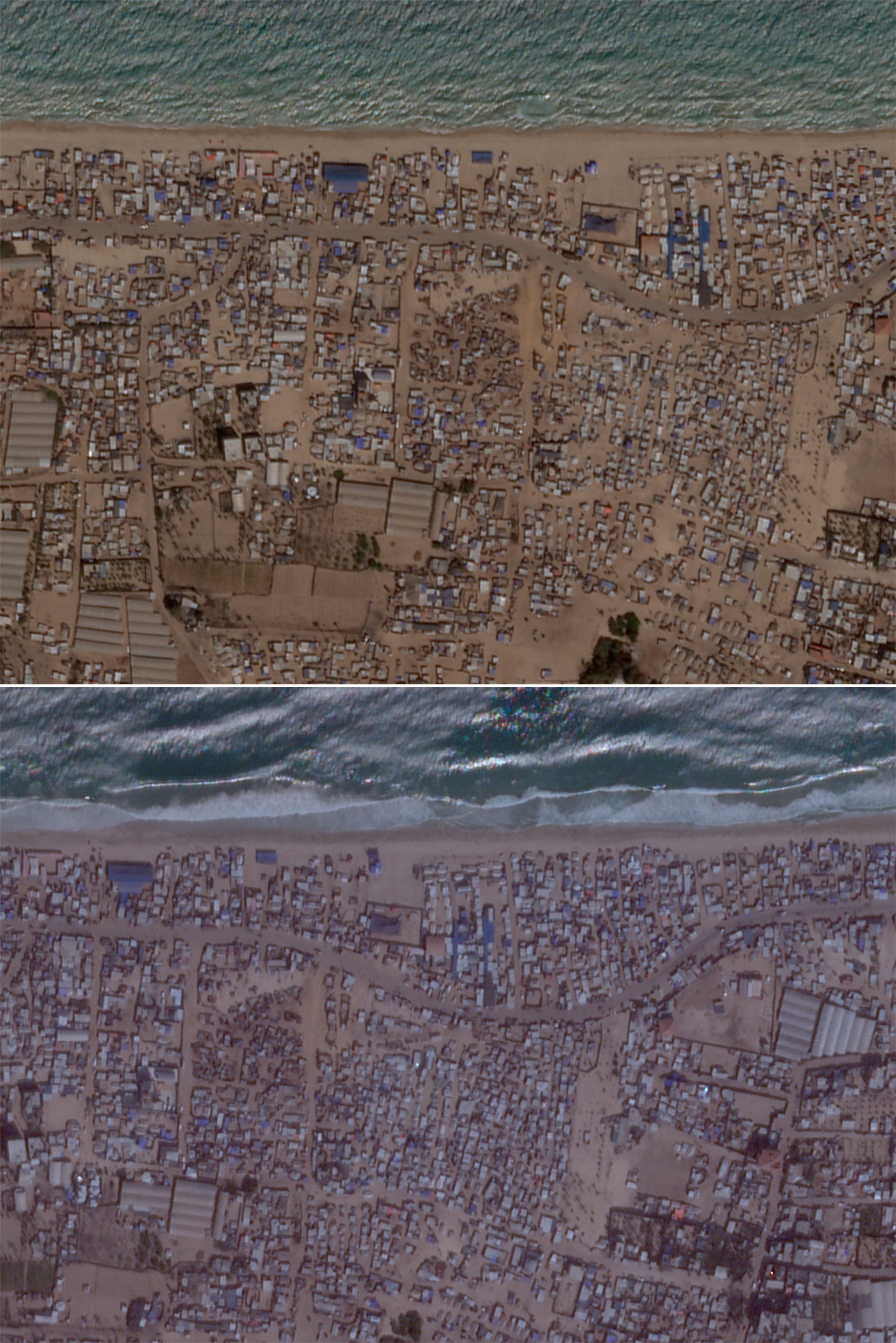 CORRECTS TOWN NAME This satellite photo combination from Planet Labs shows tent camps in Muwasi, a Palestinian town on the southern coast of the Gaza Strip that Israel calls a "humanitarian zone" in July 2024, above, and Aug. 2024 below. (Planet Labs via AP)