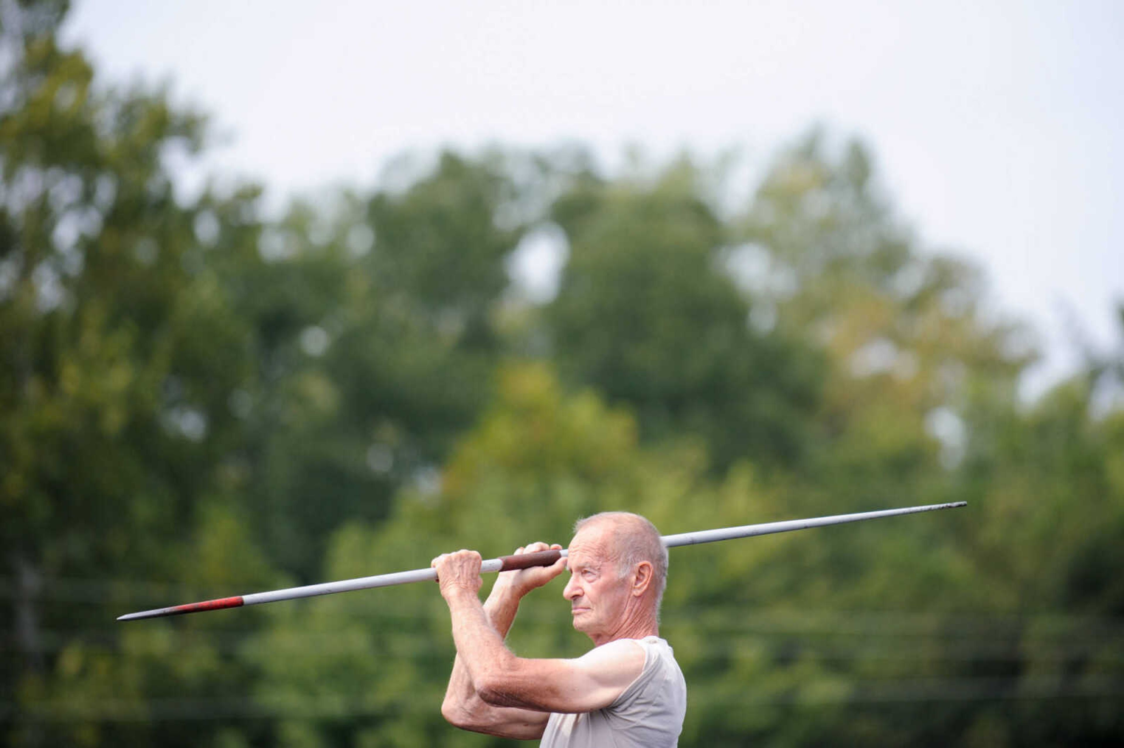 GLENN LANDBERG ~ glandberg@semissourian.com

James Mills, 77, focuses on his javelin throw during the track and field events at the Southeast Missouri Senior Games in Perryville, Missouri Saturday, Aug. 22, 2015.