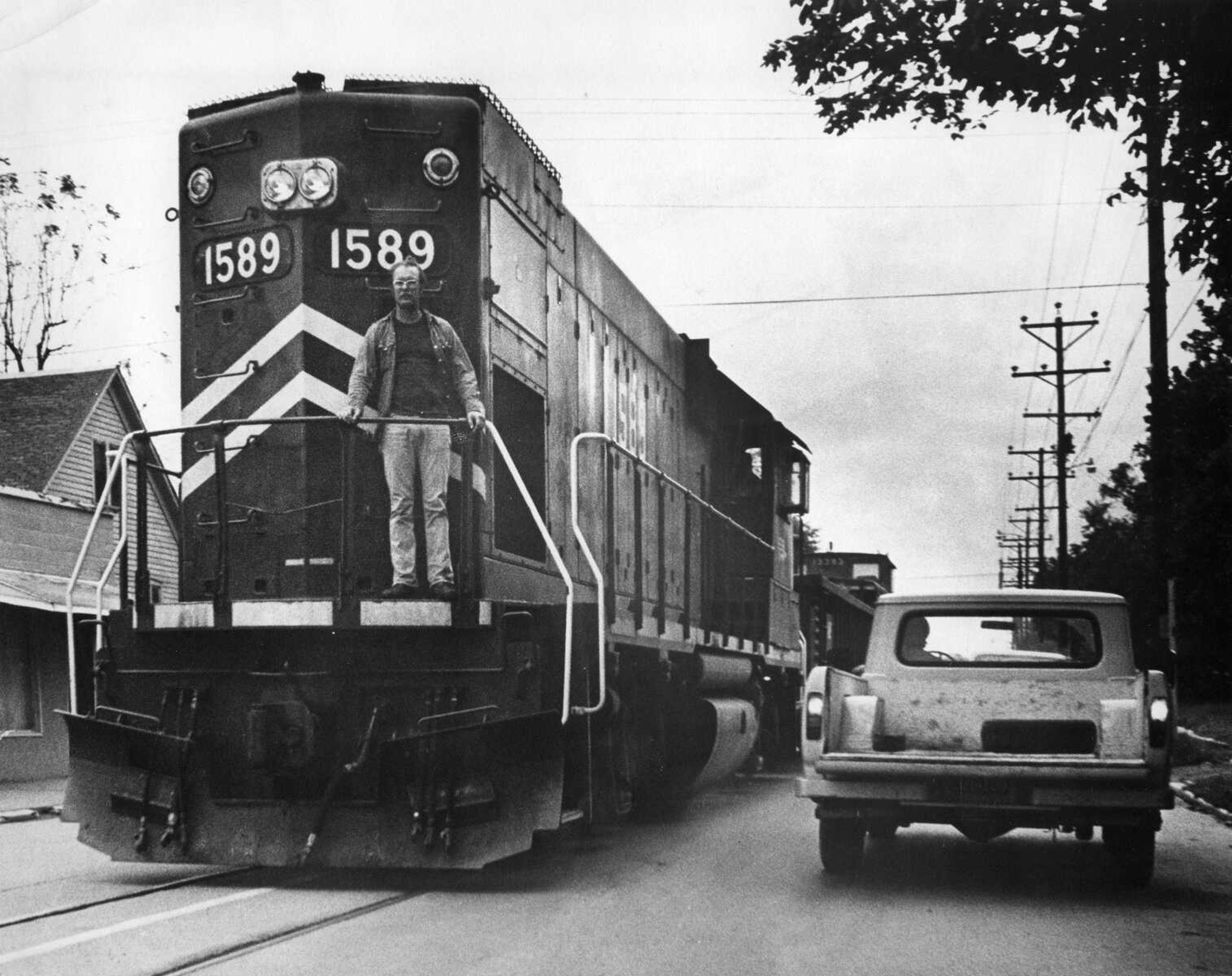 It was once a common sight in Cape Girardeau: A Missouri Pacific train traveling straight down Independence Street. The man riding at the front of the train is unknown in this Oct. 19, 1977, photo, made west of Sprigg Street. Some 3.3 miles of track, a portion of which ran down the middle of Independence, crossed the city. The tracks were removed in 1986, after the line was abandoned. (Missourian archives photo by Fred Lynch)