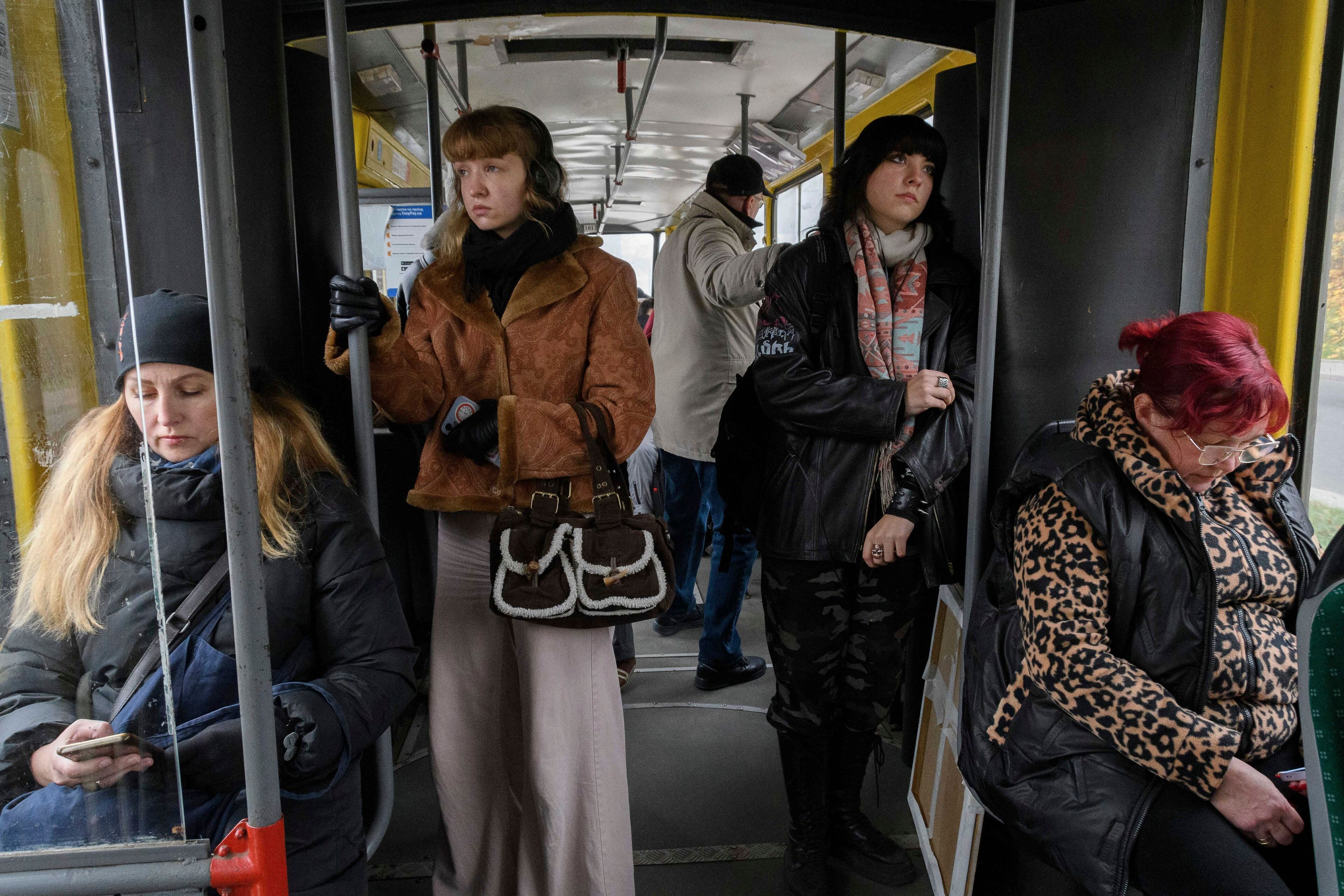 Local women ride in a tram in Lviv, Ukraine, Monday Nov. 11, 2024. (AP Photo/Mykola Tys)