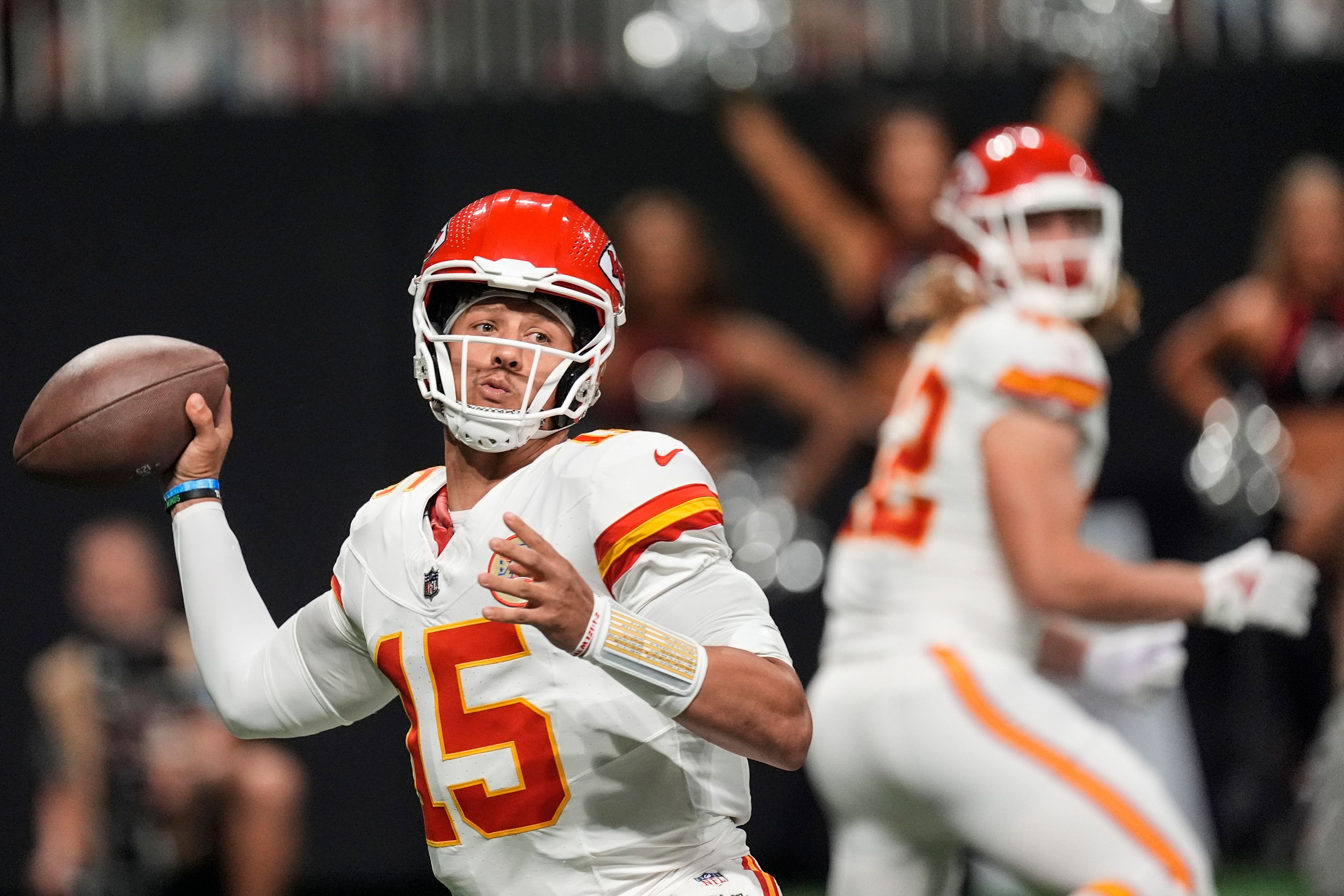 Kansas City Chiefs quarterback Patrick Mahomes (15) passes against the Atlanta Falcons during the first half of an NFL football game, Sunday, Sept. 22, 2024, in Atlanta. (AP Photo/John Bazemore)