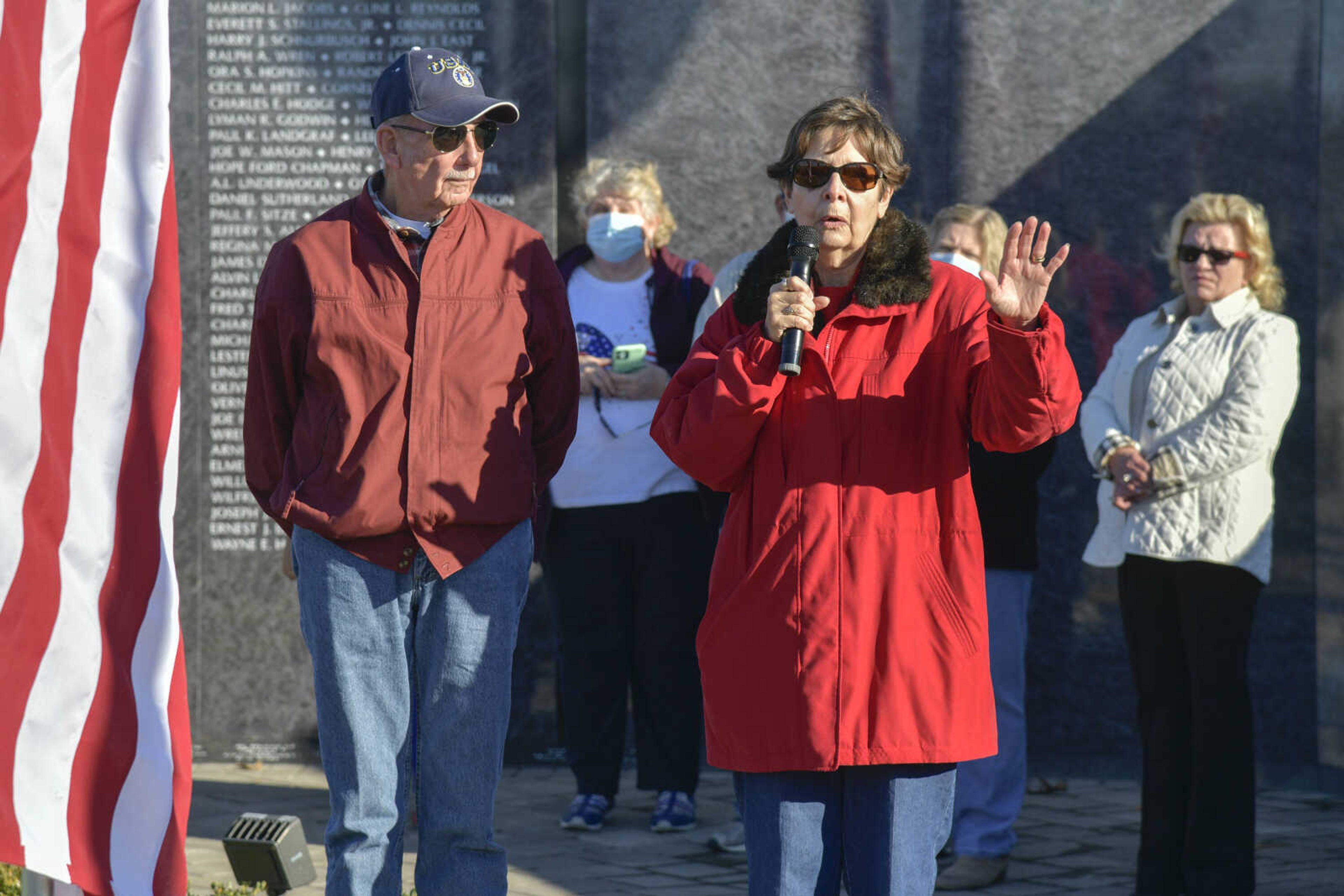 Mary Jean Giles speaks about her father, WWII veteran Jean A. Rudert, during the Veteran's Day flag presentation ceremony at Cape County Park North in Cape Girardeau on Wednesday, Nov. 11, 2020.