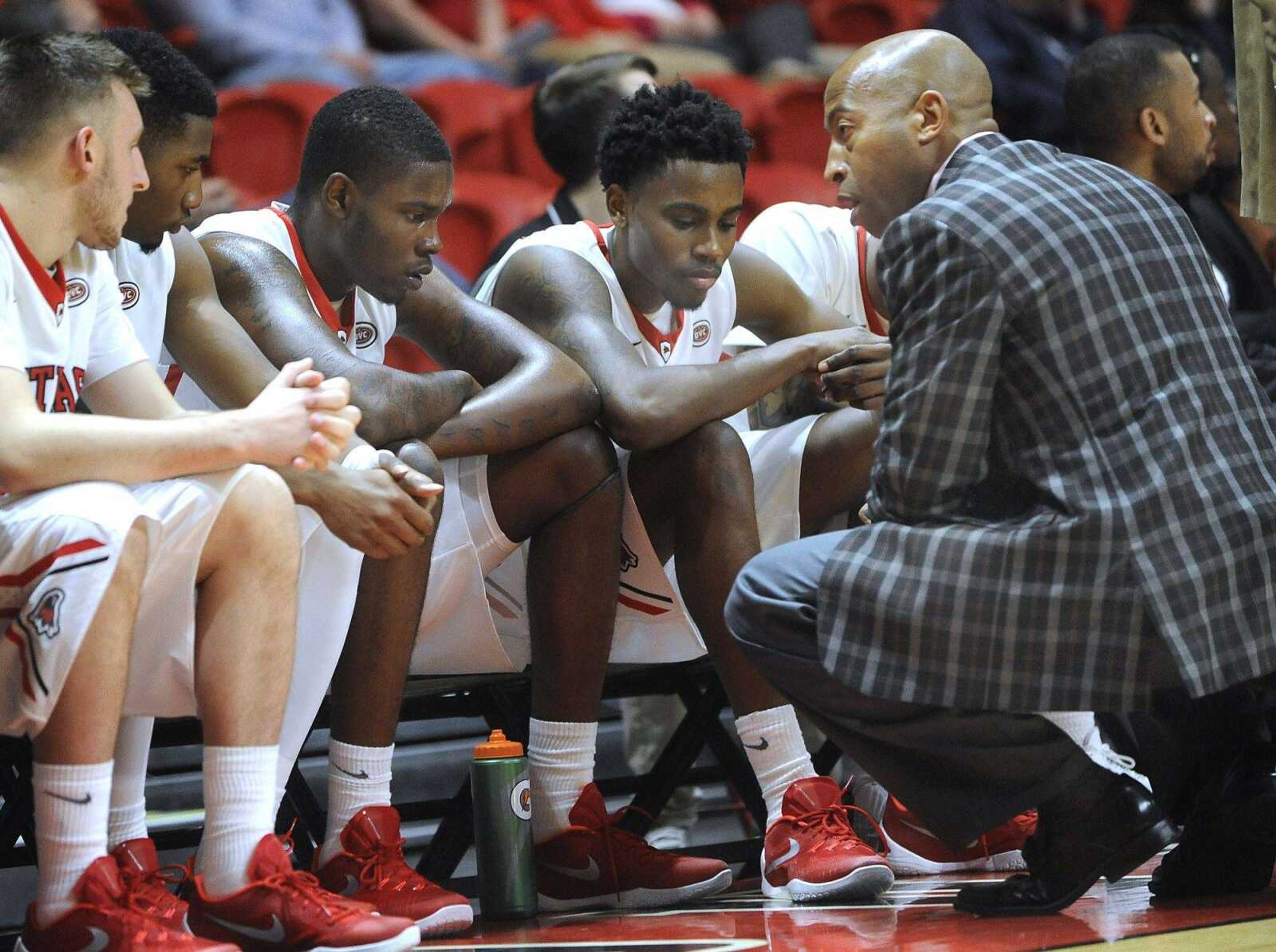 Southeast Missouri State coach Rick Ray talks with his players on the bench during the second half of an exhibition game against Missouri S&T last week at the Show Me Center. (Fred Lynch)